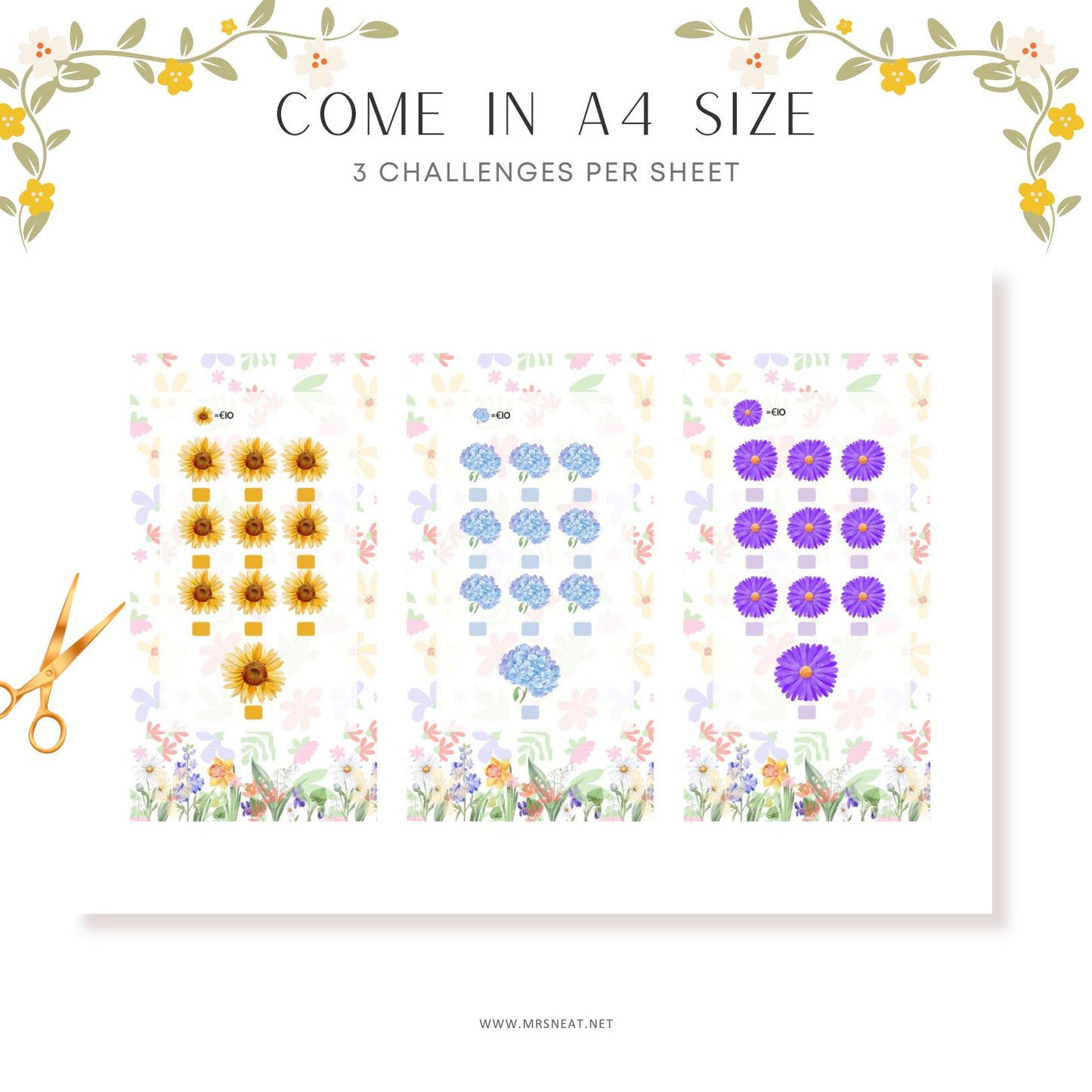 Sheet of floral designs with text about A4 size and challenges per sheet, scissors on the side.