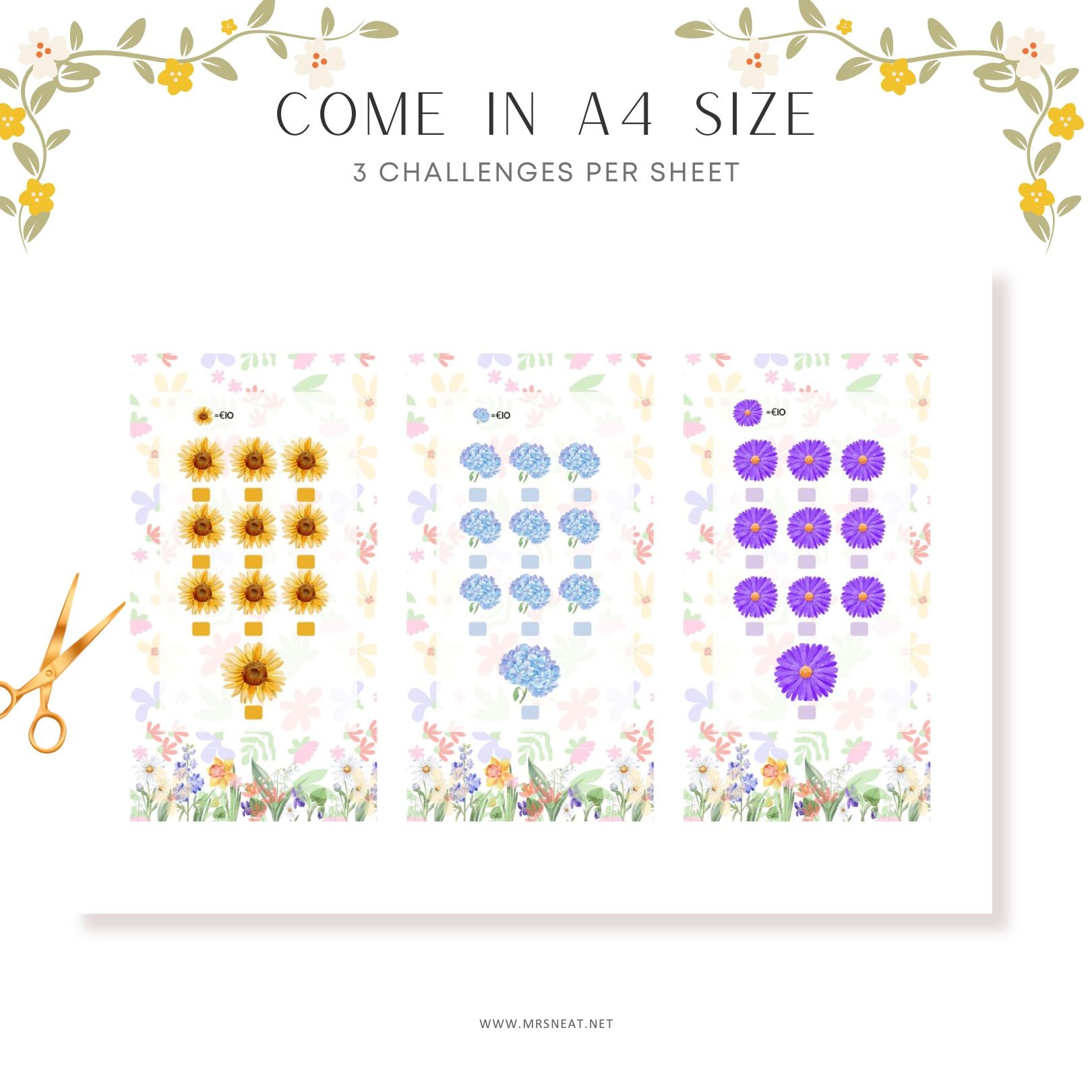 Sheet of floral designs with text about A4 size and challenges per sheet, scissors on the side.