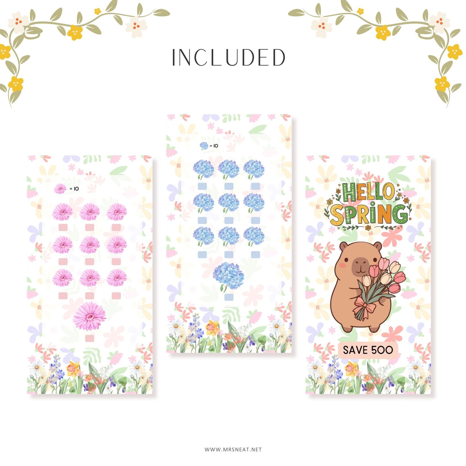 Three spring-themed stationery items with floral patterns and a bear illustration on a white background.