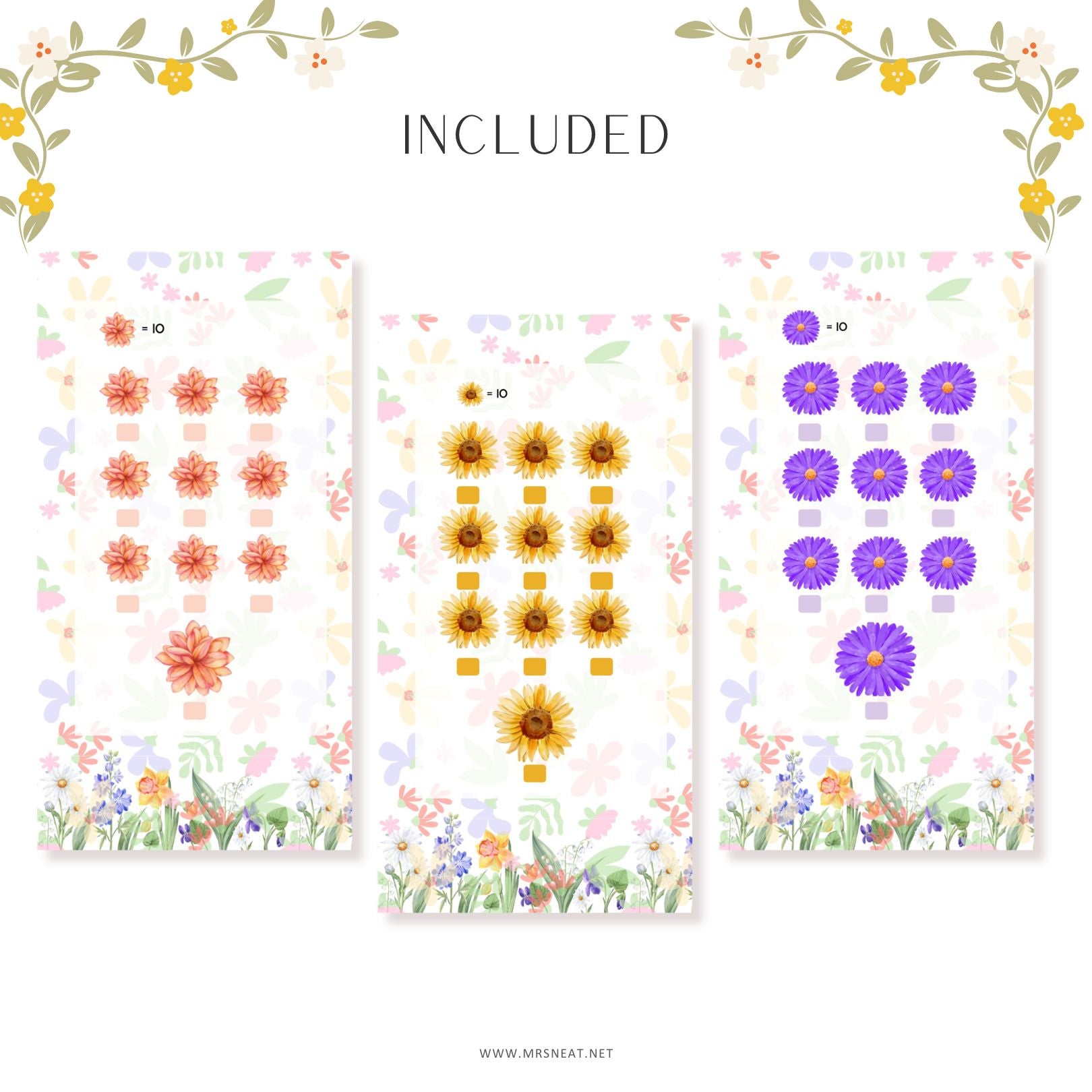 Three floral patterned sheets with decorative elements on a white background.