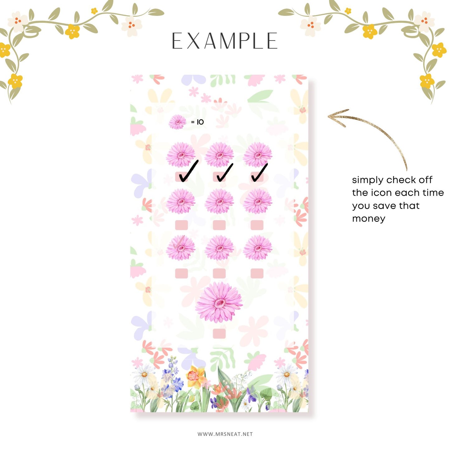 Floral-themed savings tracker with check boxes and decorative elements on a white background.