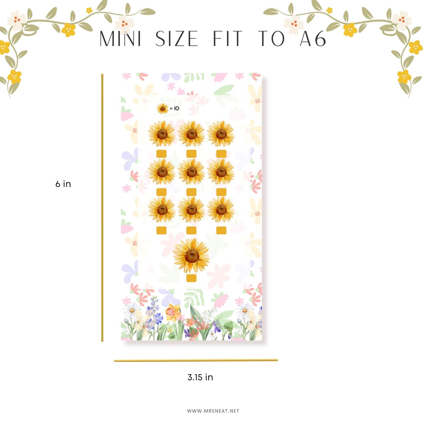 Notebook with sunflower design and size specifications on a white background