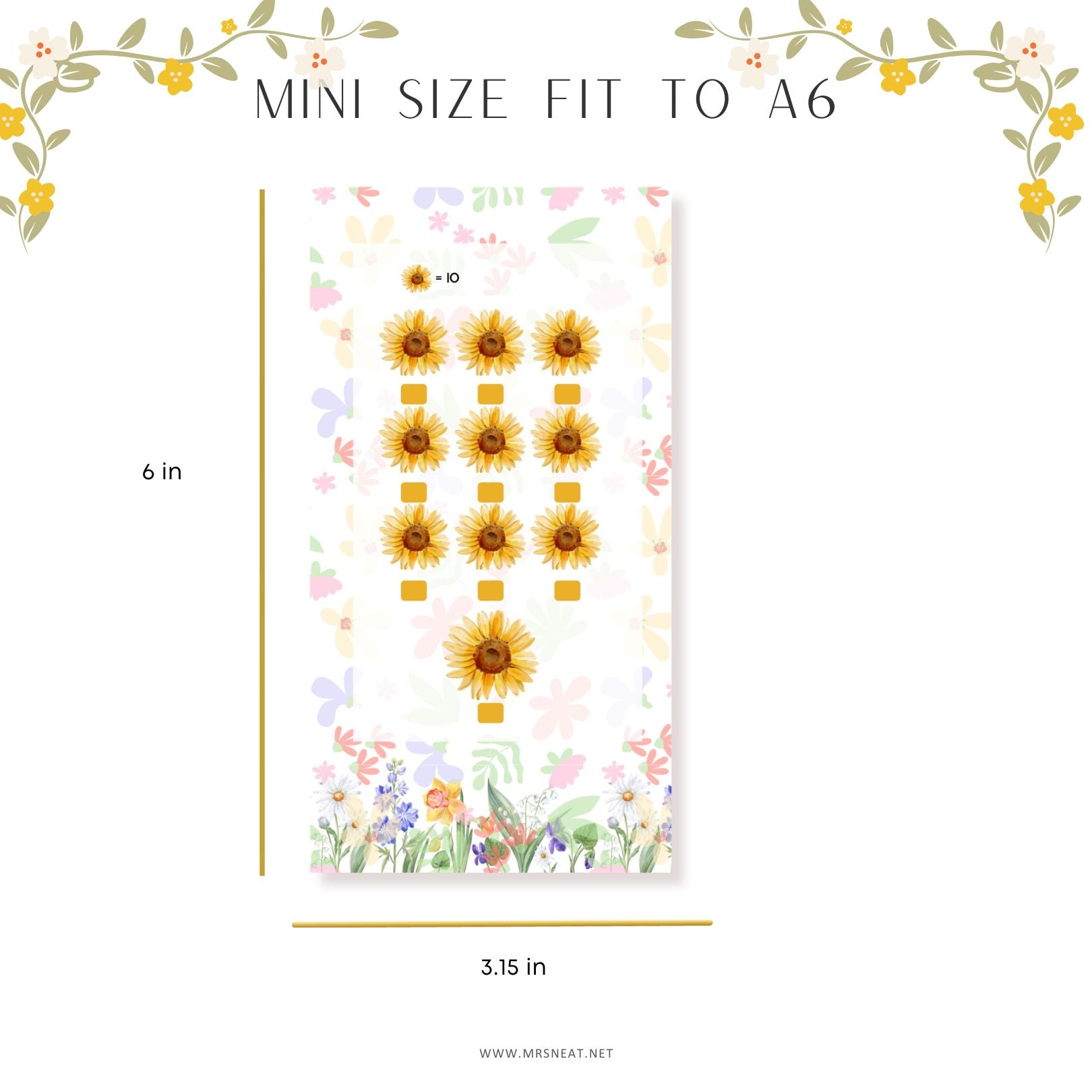 Notebook with sunflower design and size specifications on a white background