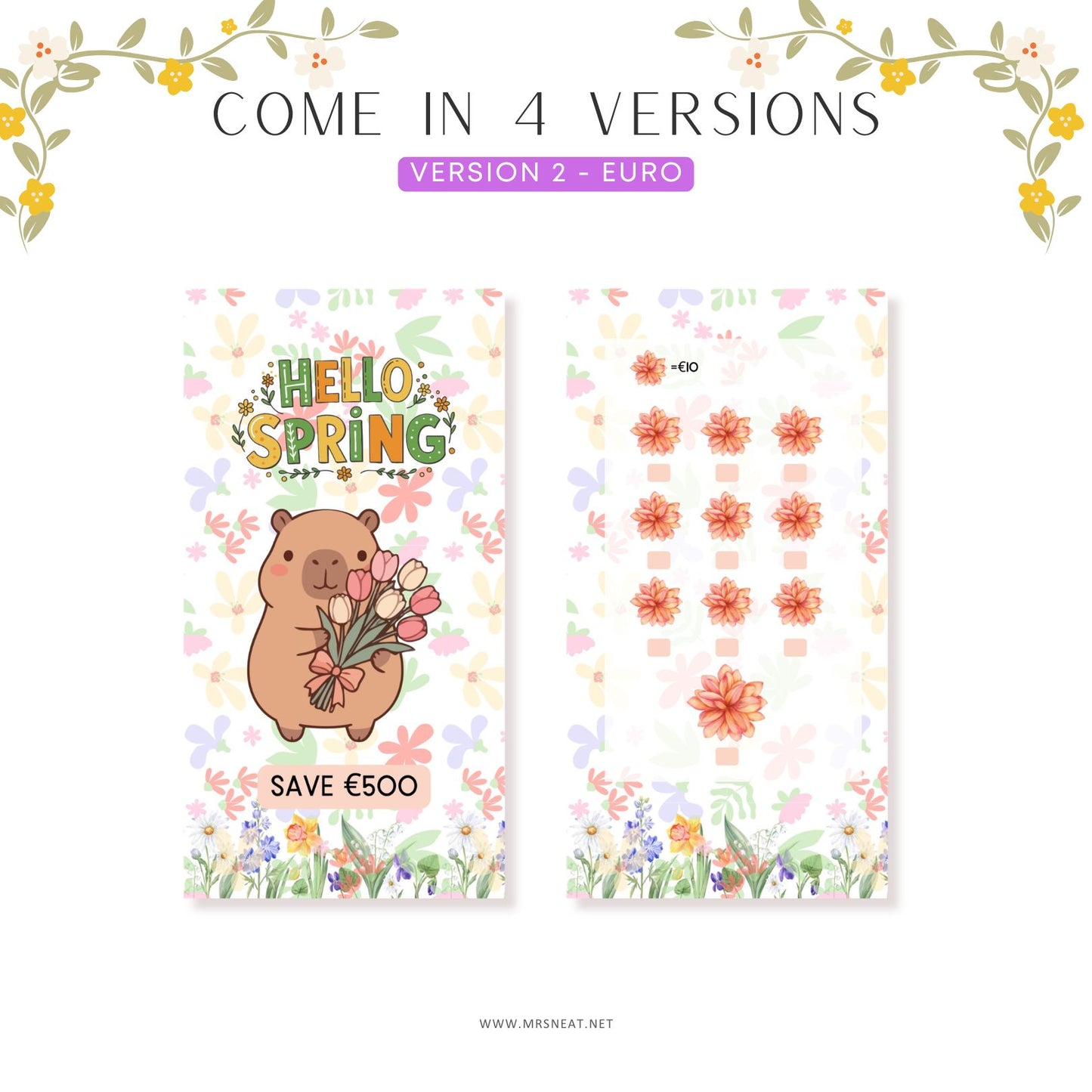 Two spring-themed cards with a bear holding flowers and floral patterns on a white background.