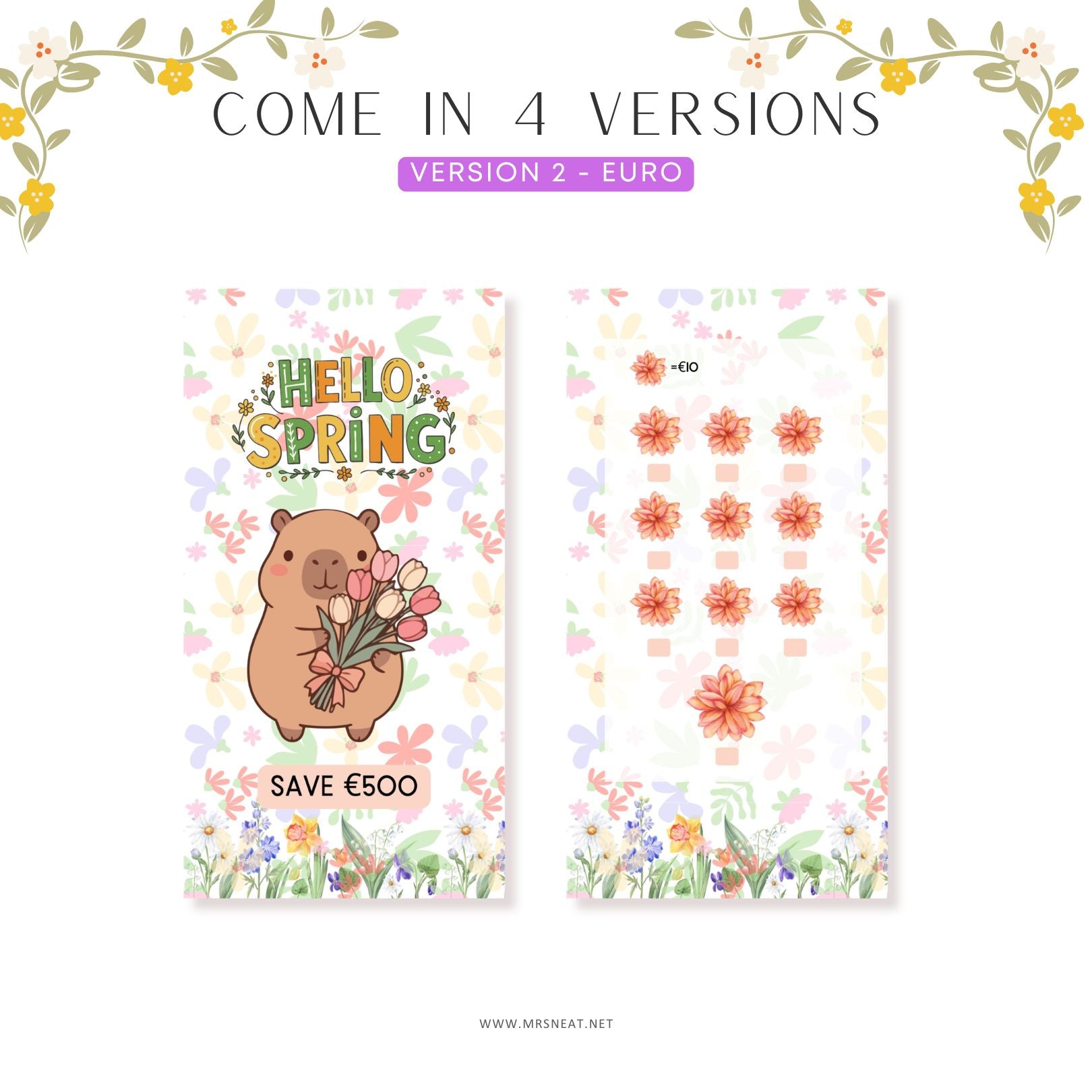 Two spring-themed cards with a bear holding flowers and floral patterns on a white background.