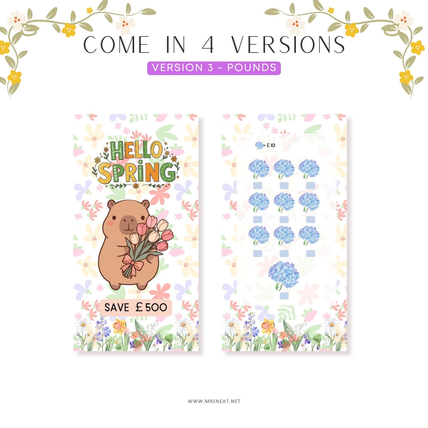 Two colorful saving trackers with a bear holding flowers and floral designs on a white background.