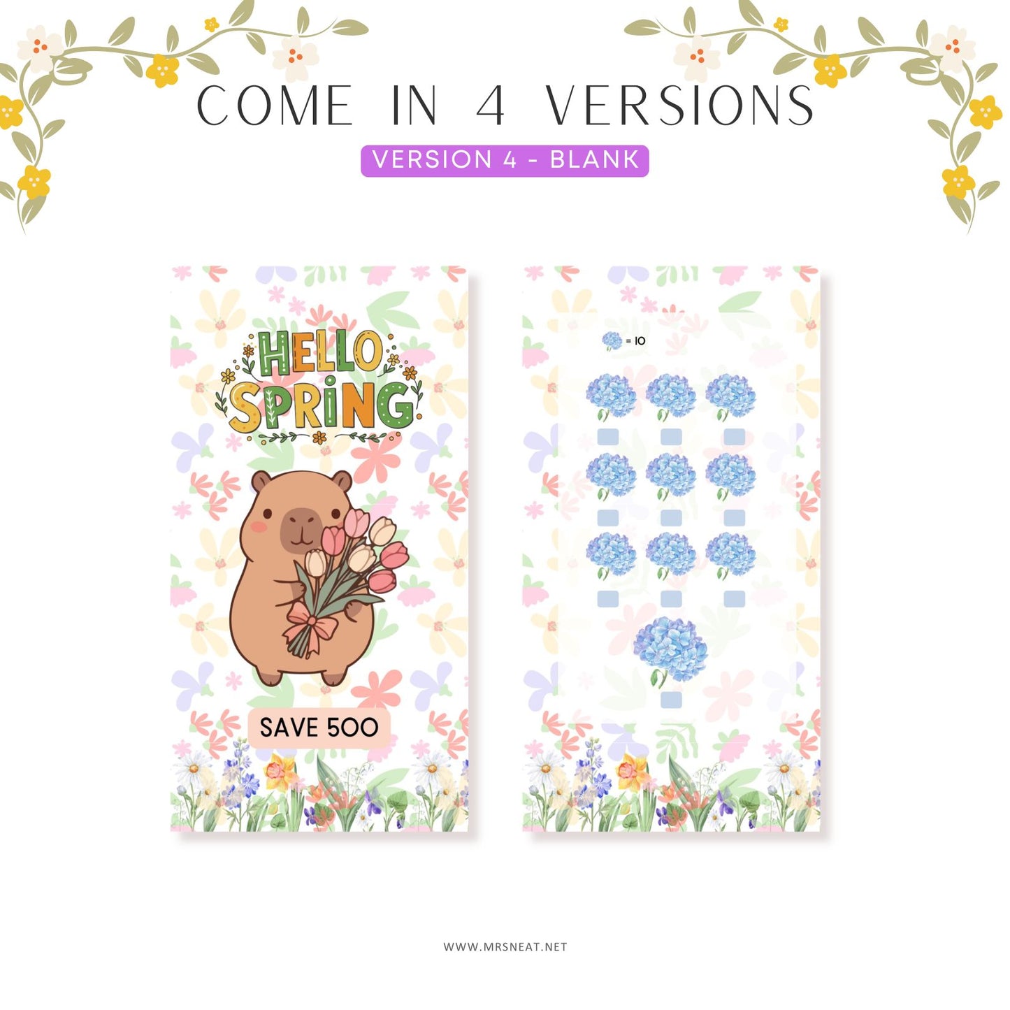 Two spring-themed designs with a bear holding flowers and blue flowers on a white background, labeled 'Hello Spring' and 'Save 500'.