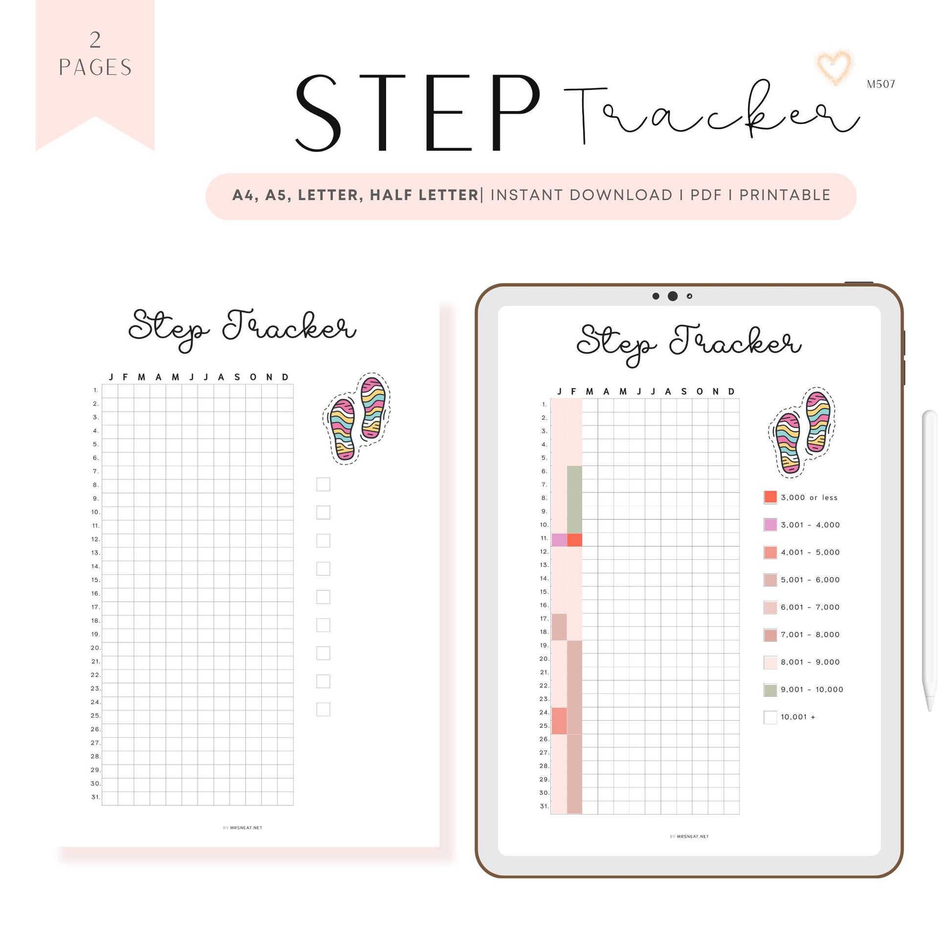 Step Tracker Printable PDF, A4, A5, Letter, Half Letter, Minimalist Planner, Digital Planner, pre-filled & blank version