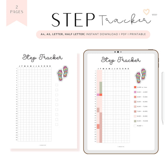 Step Tracker Printable PDF, A4, A5, Letter, Half Letter, Minimalist Planner, Digital Planner, pre-filled & blank version