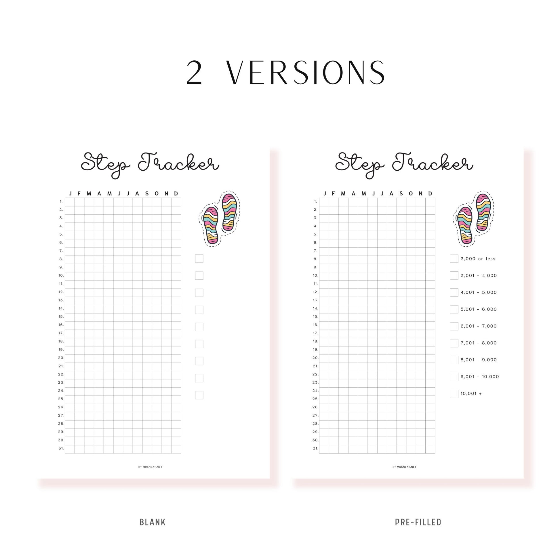 Step Tracker Printable PDF, A4, A5, Letter, Half Letter, Minimalist Planner, Digital Planner, pre-filled & blank version