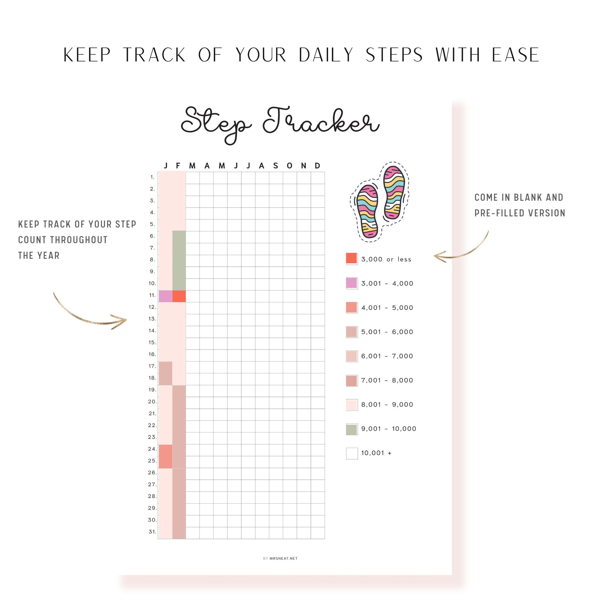 Step Tracker Printable PDF, A4, A5, Letter, Half Letter, Minimalist Planner, Digital Planner, pre-filled & blank version