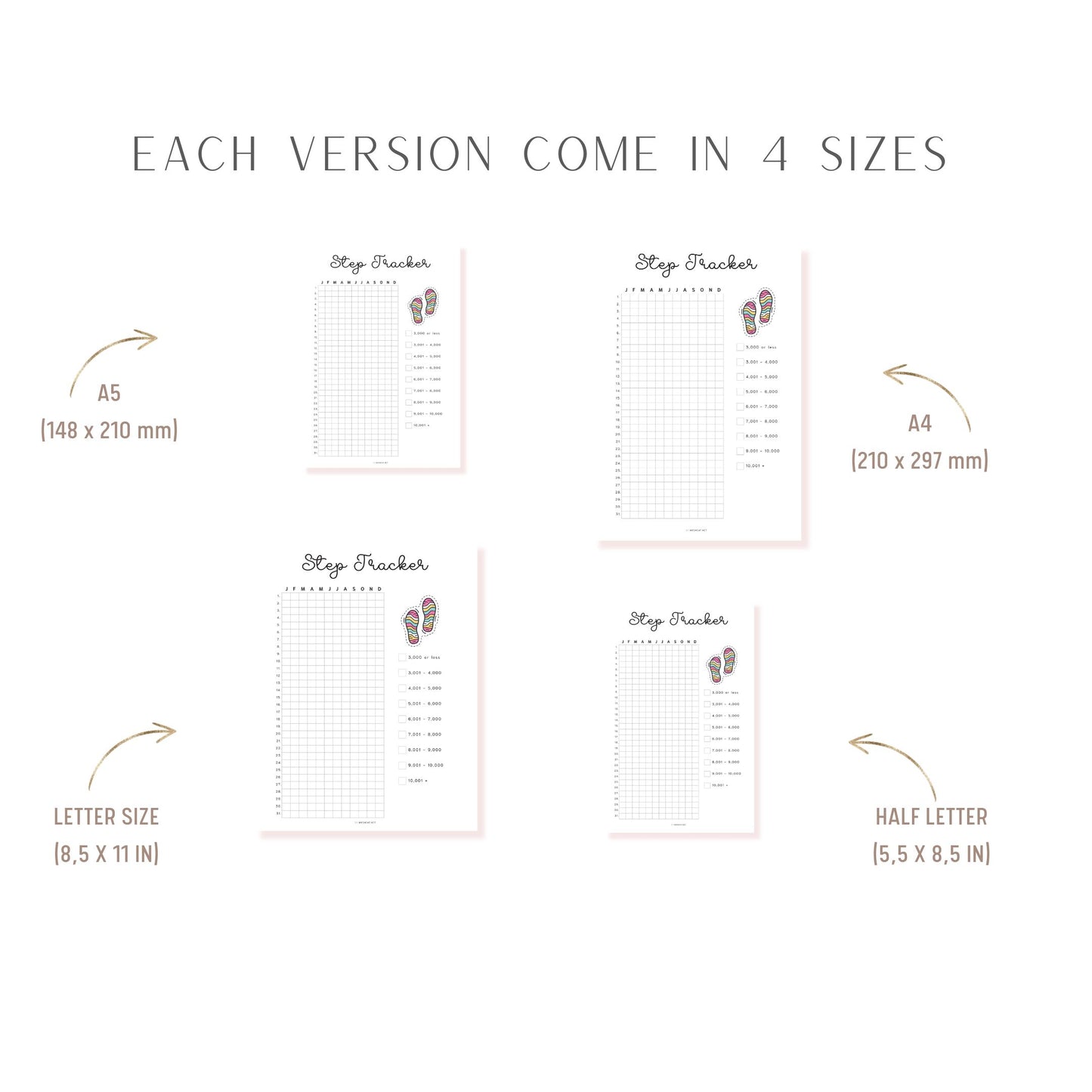 Step Tracker Printable PDF, A4, A5, Letter, Half Letter, Minimalist Planner, Digital Planner, pre-filled & blank version