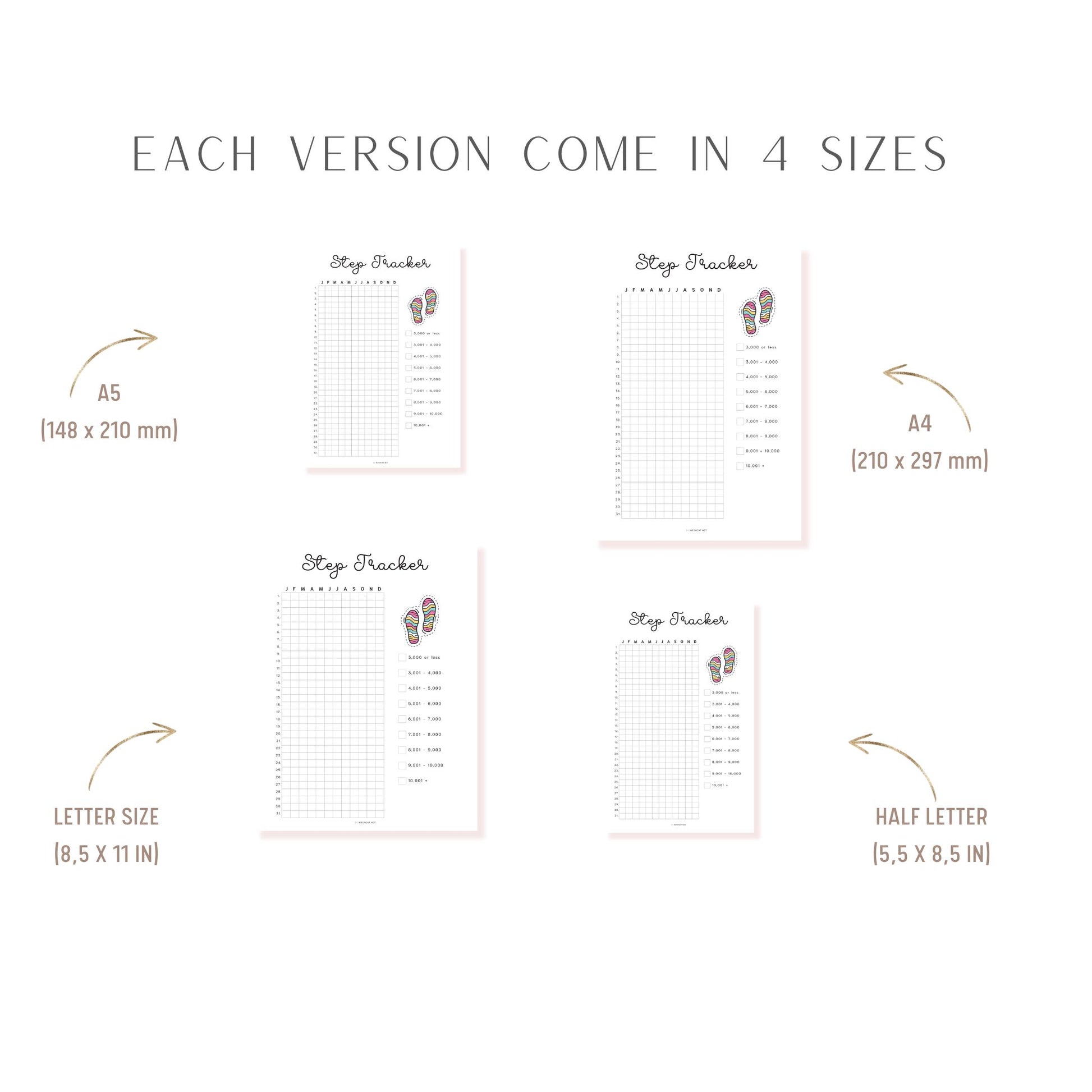 Step Tracker Printable PDF, A4, A5, Letter, Half Letter, Minimalist Planner, Digital Planner, pre-filled & blank version