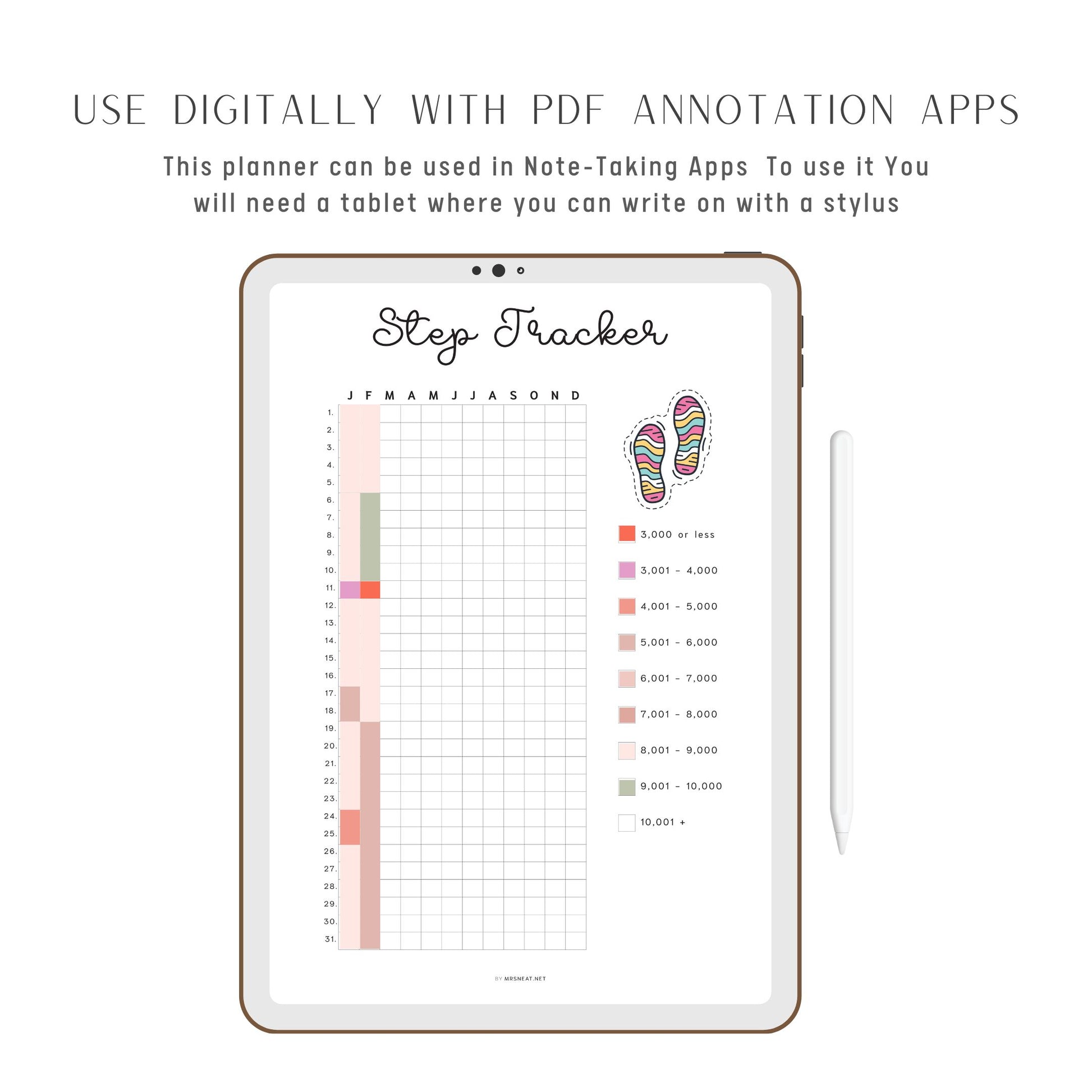 Step Tracker Printable PDF, A4, A5, Letter, Half Letter, Minimalist Planner, Digital Planner, pre-filled & blank version