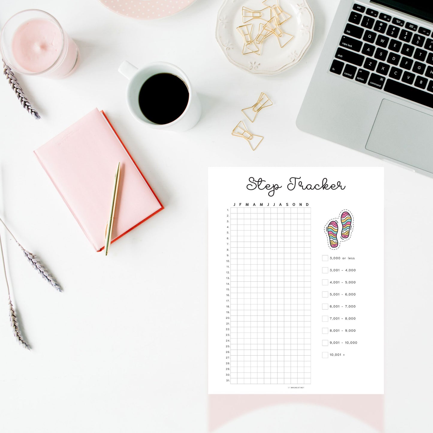 Step Tracker Printable PDF, A4, A5, Letter, Half Letter, Minimalist Planner, Digital Planner, pre-filled & blank version