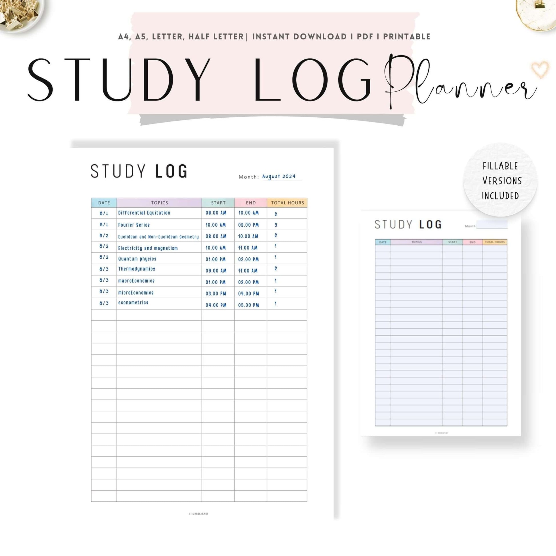 Monthly Study Log Planner Printable, A4, A5, Letter, Half Letter, Printable Planner, Fillable version, Printable inserts