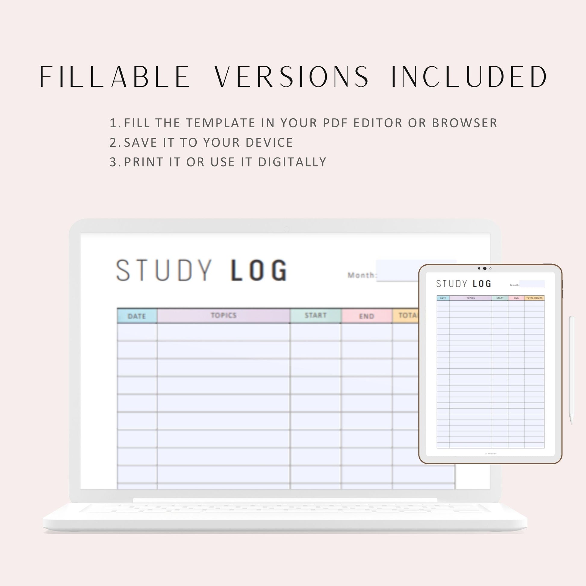 Monthly Study Log Planner Printable, A4, A5, Letter, Half Letter, Printable Planner, Fillable version, Printable inserts