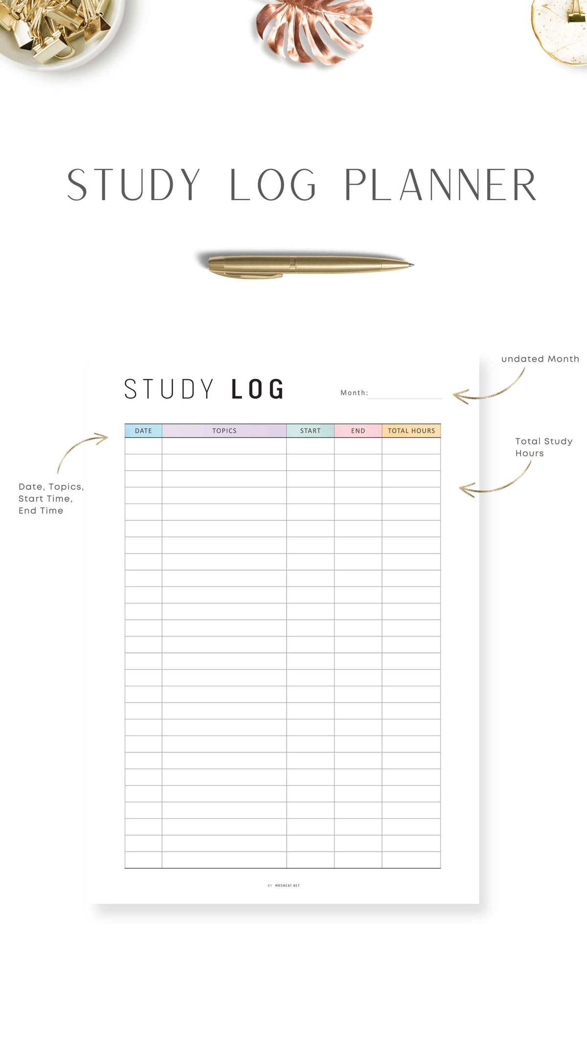 Study Log Free Monthly Study Log Planner Printable - M324 – mrsneat