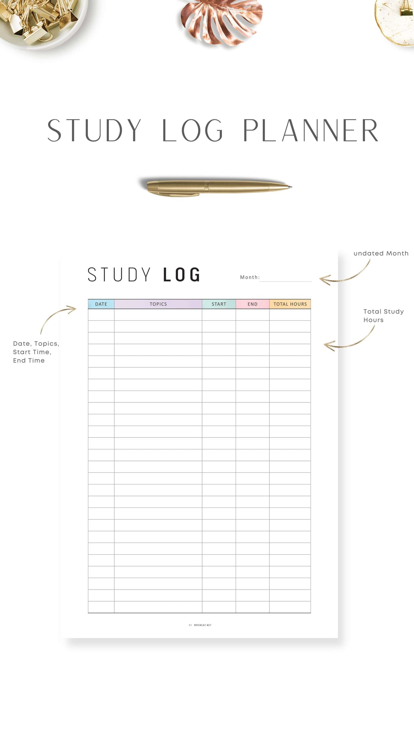 Monthly Study Log Planner Printable