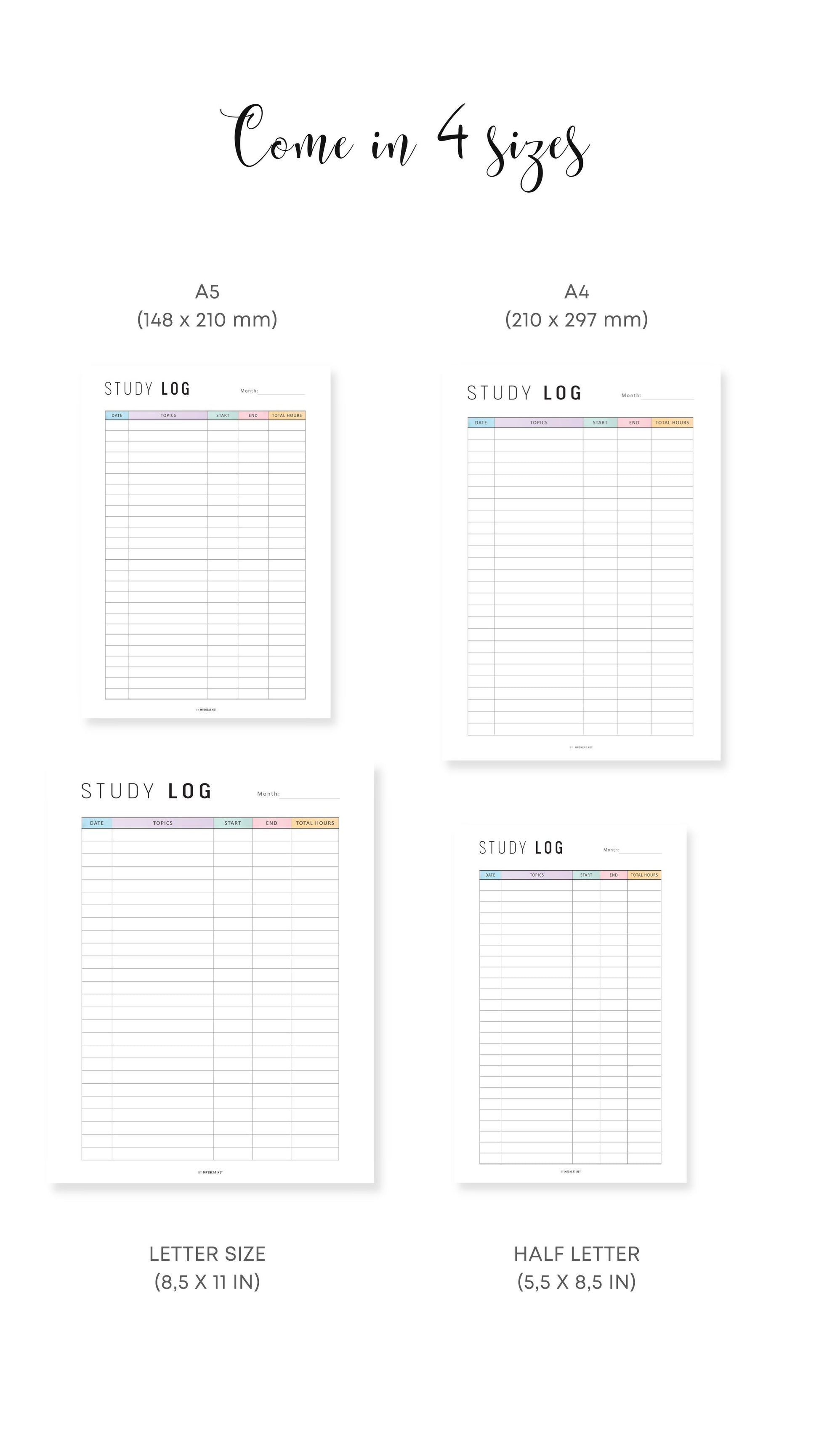 A4, A5, Letter, Half Letter Monthly Study Log Planner Printable