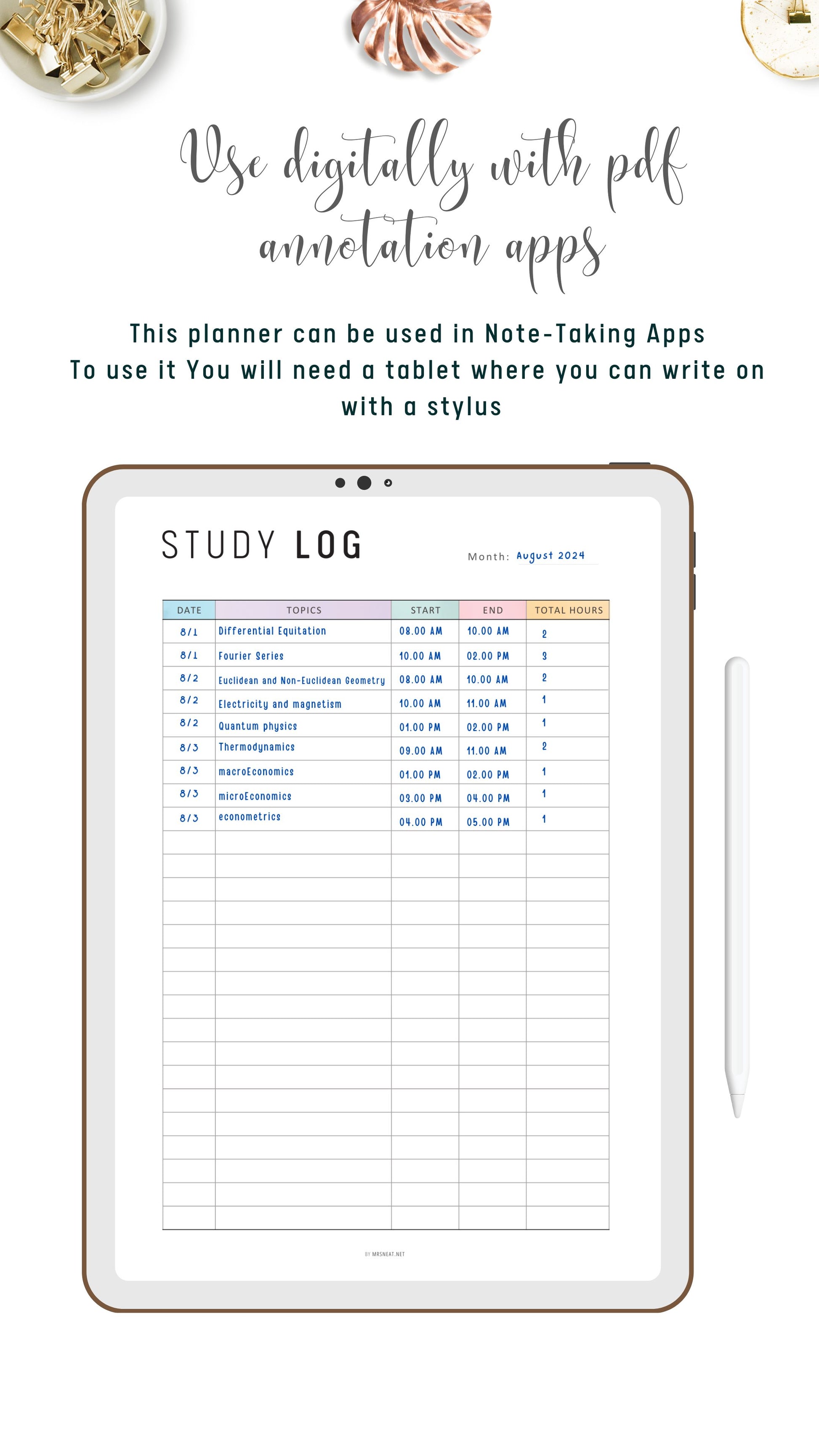 Digital Monthly Study Log Planner