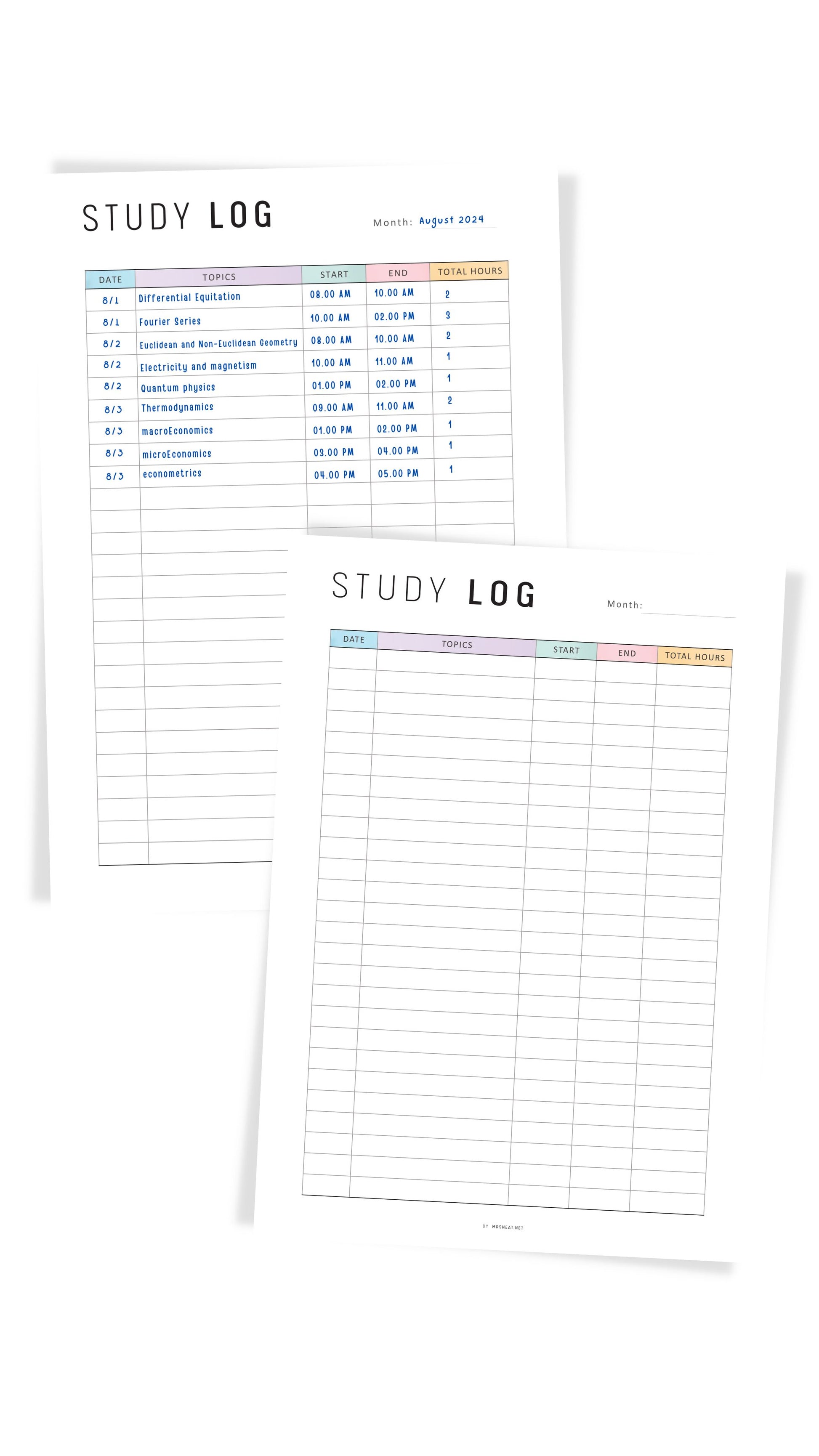 Monthly Study Log Planner Printable