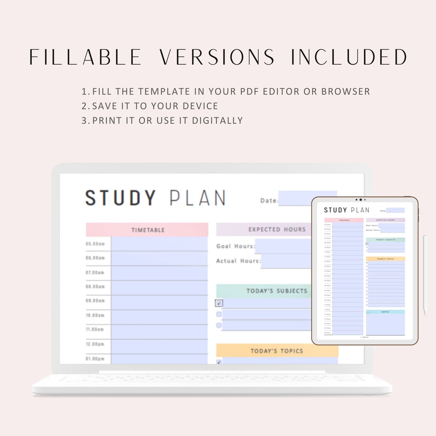Study Planner Template PDF, A4, A5, Letter, Half Letter, PDF, PDF Fillable, Colorful Page