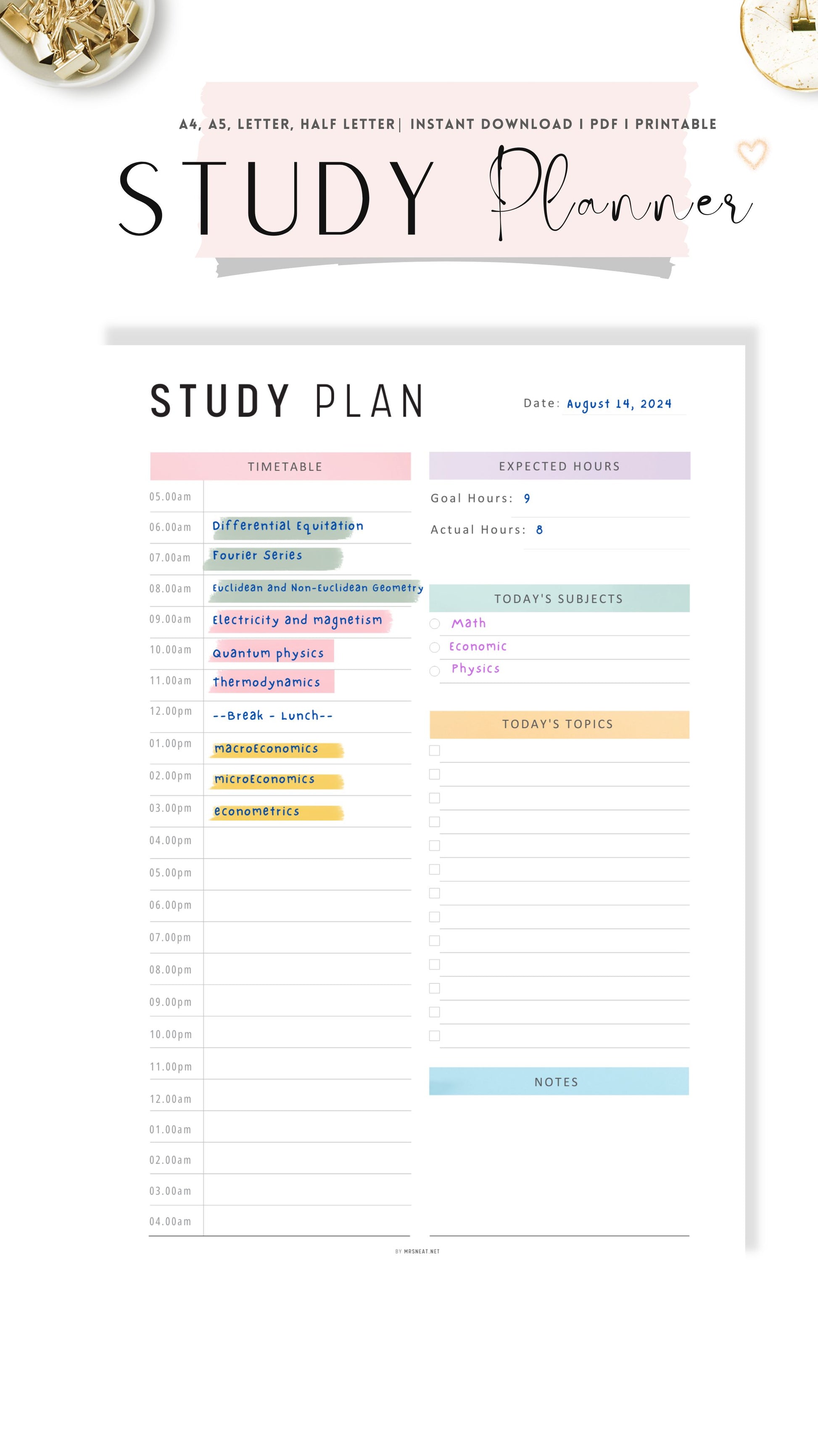 Colorful Daily Study Planner Template PDF