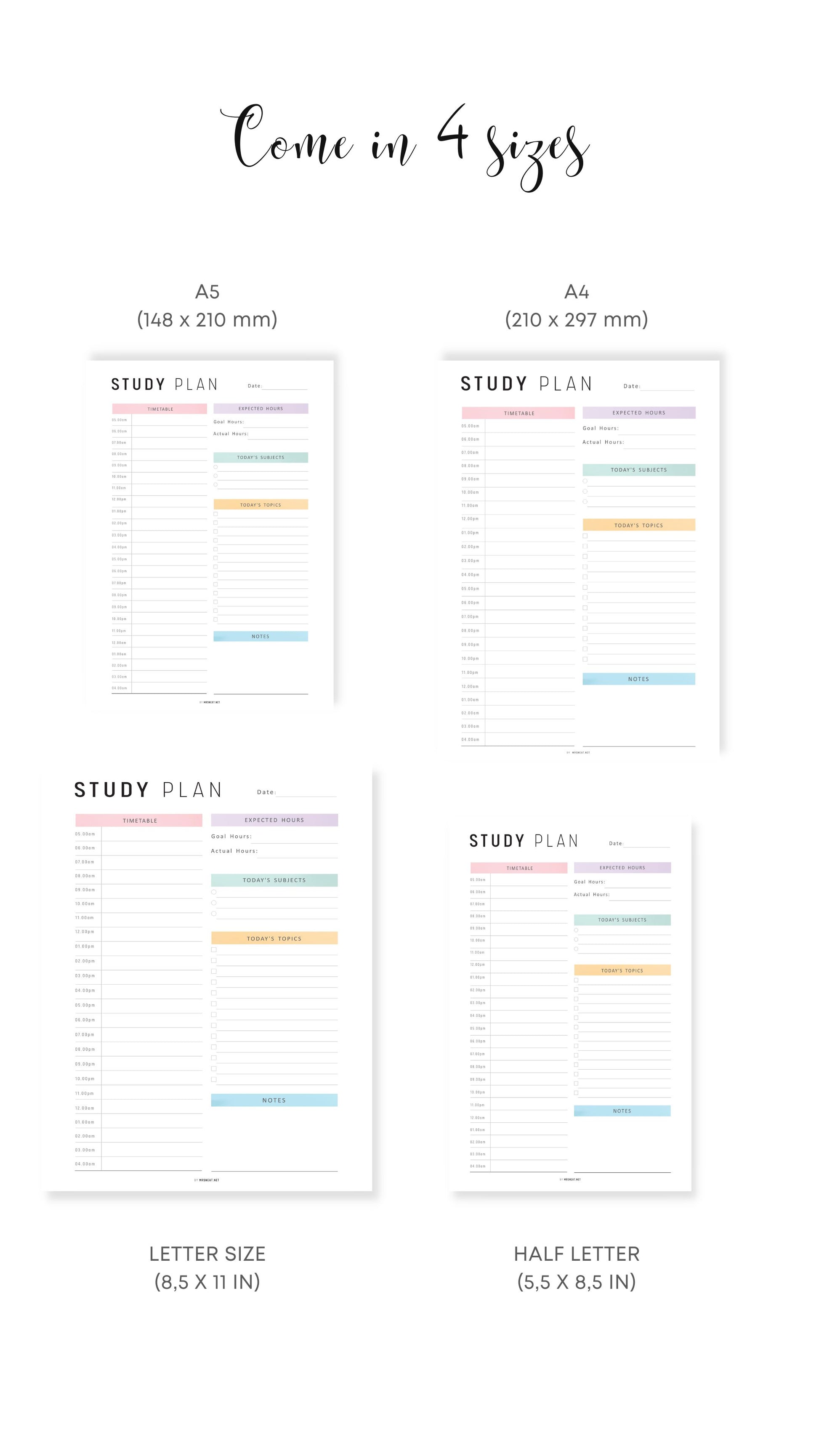 A4, A5, Letter, Half Letter Daily Study Planner Template PDF