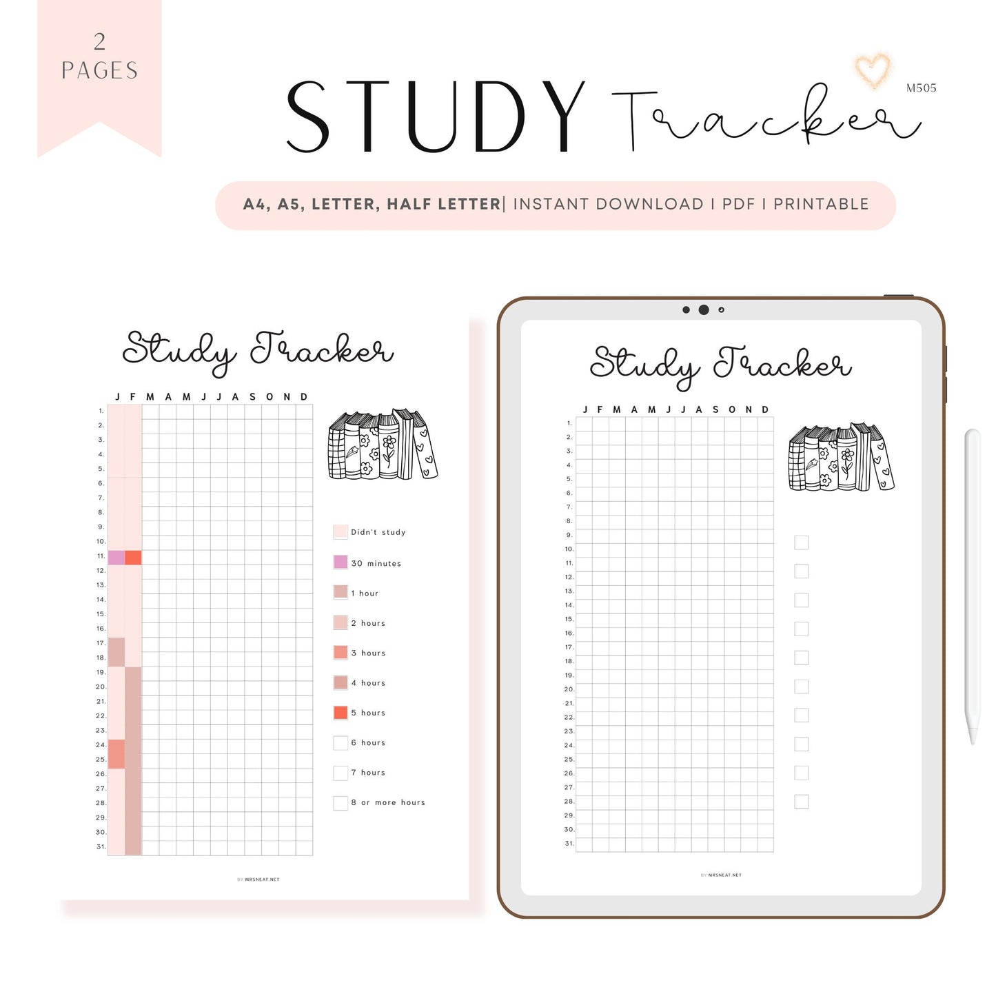 Study Tracker Printable PDF, A4, A5, Letter, Half Letter, Minimalist Planner, Digital Planner, 2 versions: pre-filled & blank