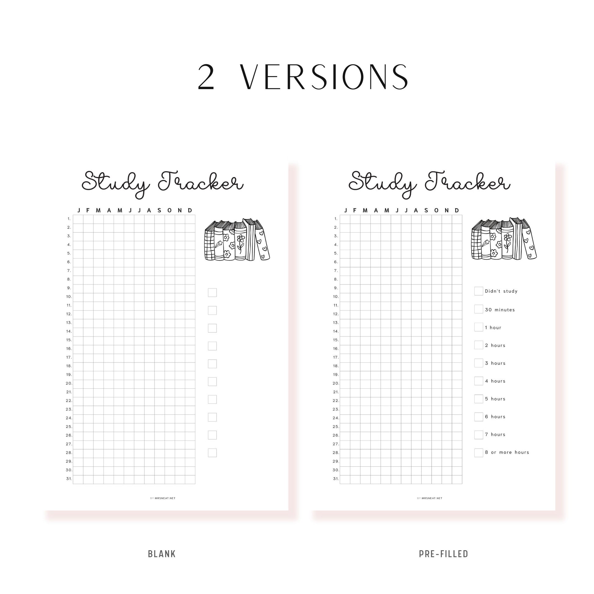 Study Tracker Printable PDF, A4, A5, Letter, Half Letter, Minimalist Planner, Digital Planner, 2 versions: pre-filled & blank