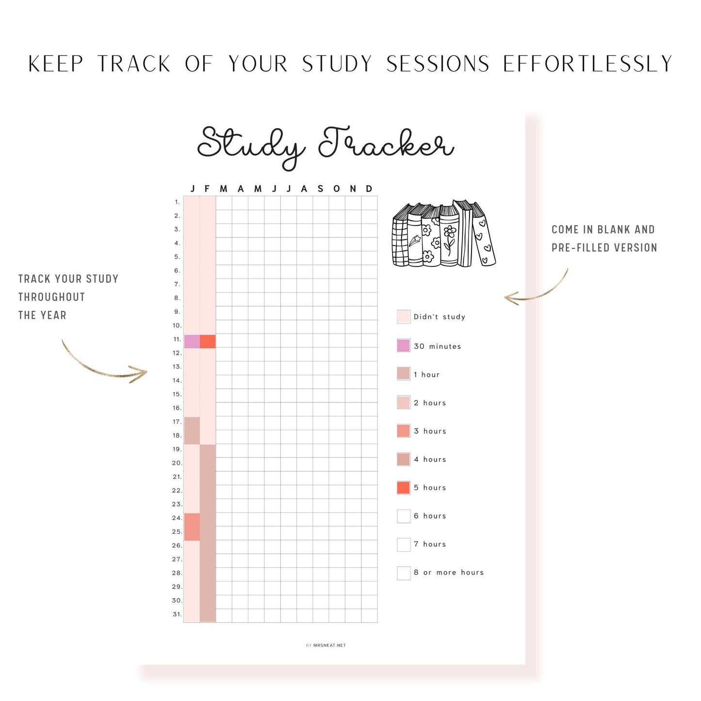 Study Tracker Printable PDF, A4, A5, Letter, Half Letter, Minimalist Planner, Digital Planner, 2 versions: pre-filled & blank