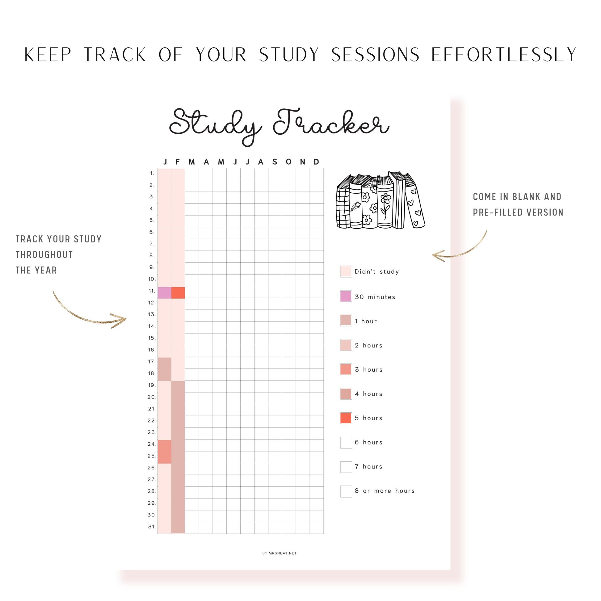 Study Tracker Printable PDF, A4, A5, Letter, Half Letter, Minimalist Planner, Digital Planner, 2 versions: pre-filled & blank