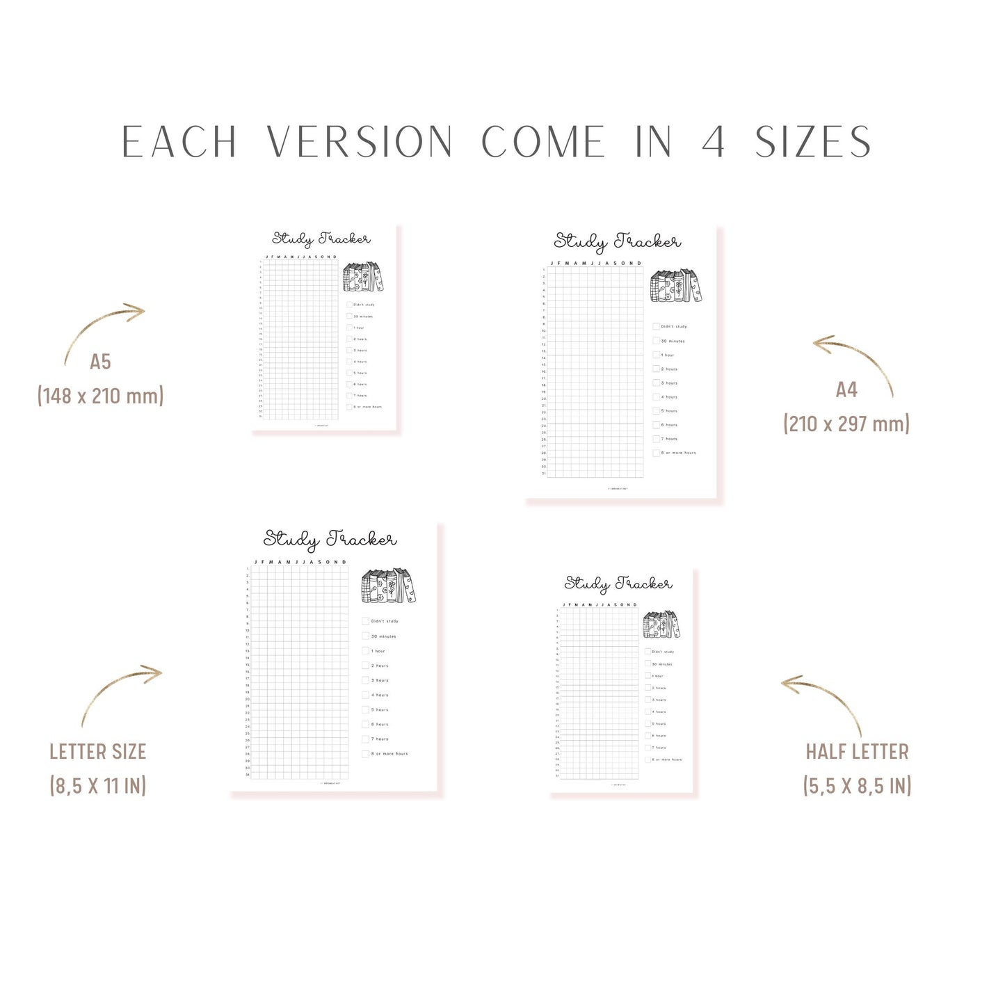 Study Tracker Printable PDF, A4, A5, Letter, Half Letter, Minimalist Planner, Digital Planner, 2 versions: pre-filled & blank