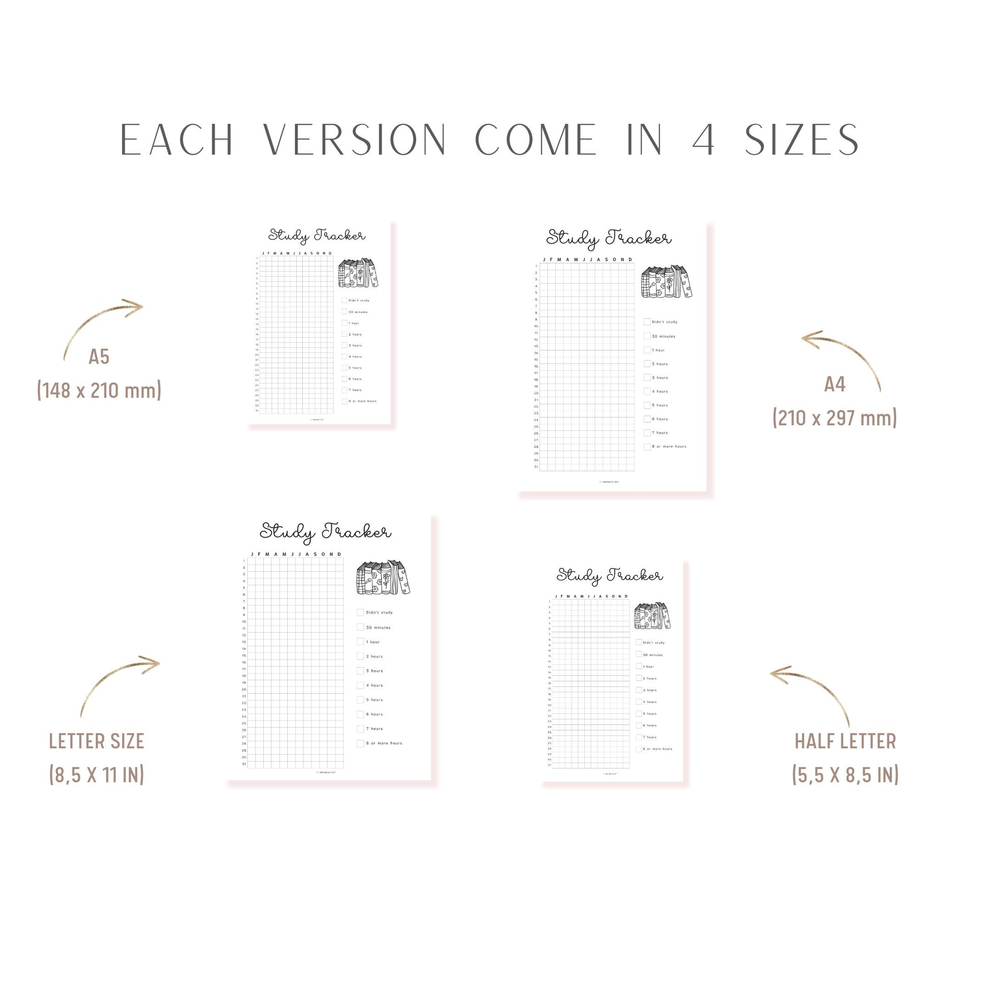 Study Tracker Printable PDF, A4, A5, Letter, Half Letter, Minimalist Planner, Digital Planner, 2 versions: pre-filled & blank