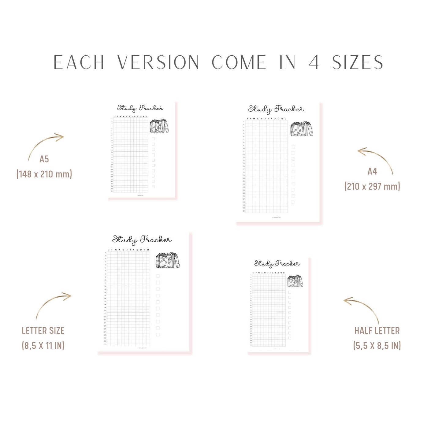 Study Tracker Printable PDF, A4, A5, Letter, Half Letter, Minimalist Planner, Digital Planner, 2 versions: pre-filled & blank