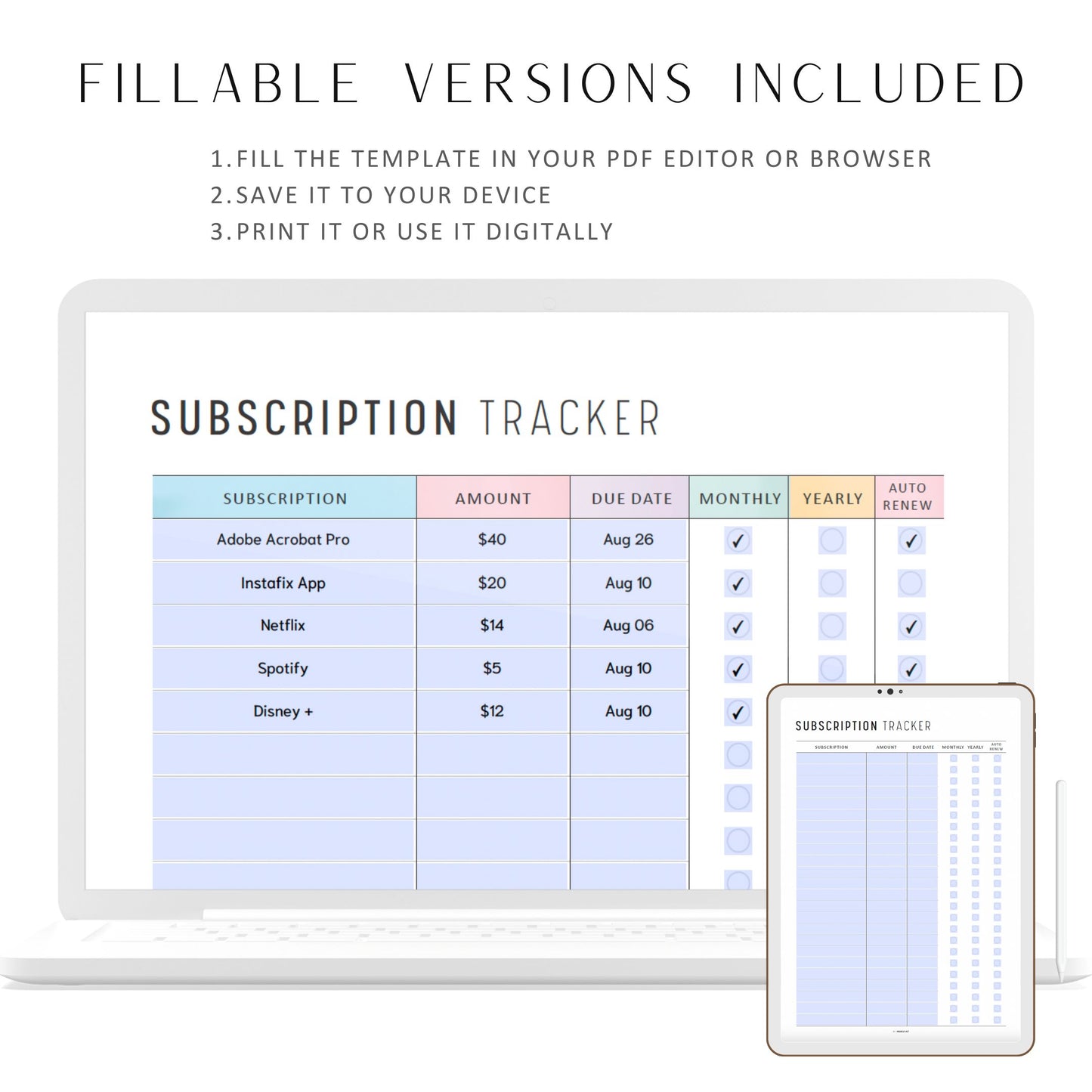 Subscription Tracker Printable, Membership Checklist, Fillable Subscription Checklist, Expense Tracker,  A4, A5, Letter, Half Letter