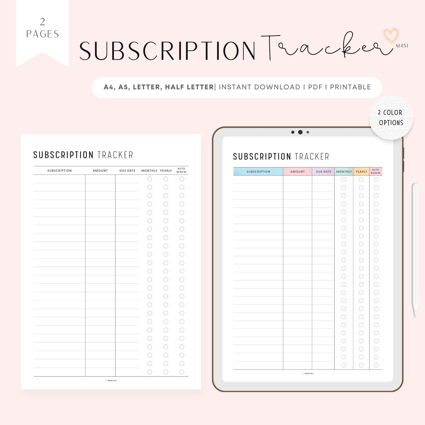 Subscription Tracker, Printable, A4, A5, Letter, Half Letter, PDF, Digital Planner, 2 Colors