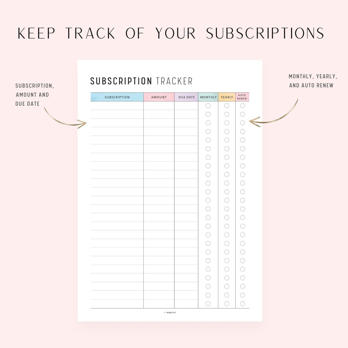 Subscription Tracker, Printable, A4, A5, Letter, Half Letter, PDF, Digital Planner, 2 Colors