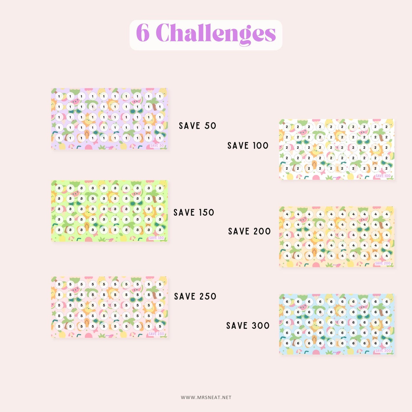 6 Challenges Summer Savings Challenge Fruit Theme for Budget Tracker, Save 50, Save 100, Save 150, Save 200, Save 250, Save 300