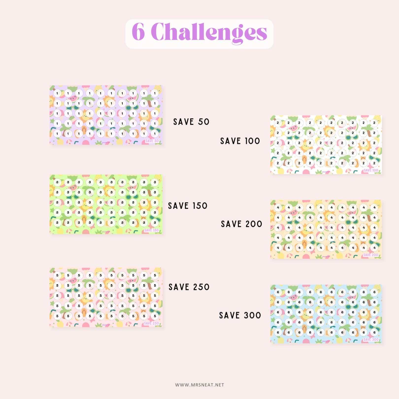 6 Challenges Summer Savings Challenge Fruit Theme for Budget Tracker, Save 50, Save 100, Save 150, Save 200, Save 250, Save 300