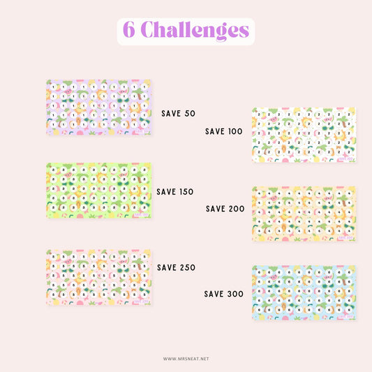 6 Challenges Summer Savings Challenge Fruit Theme for Budget Tracker, Save 50, Save 100, Save 150, Save 200, Save 250, Save 300