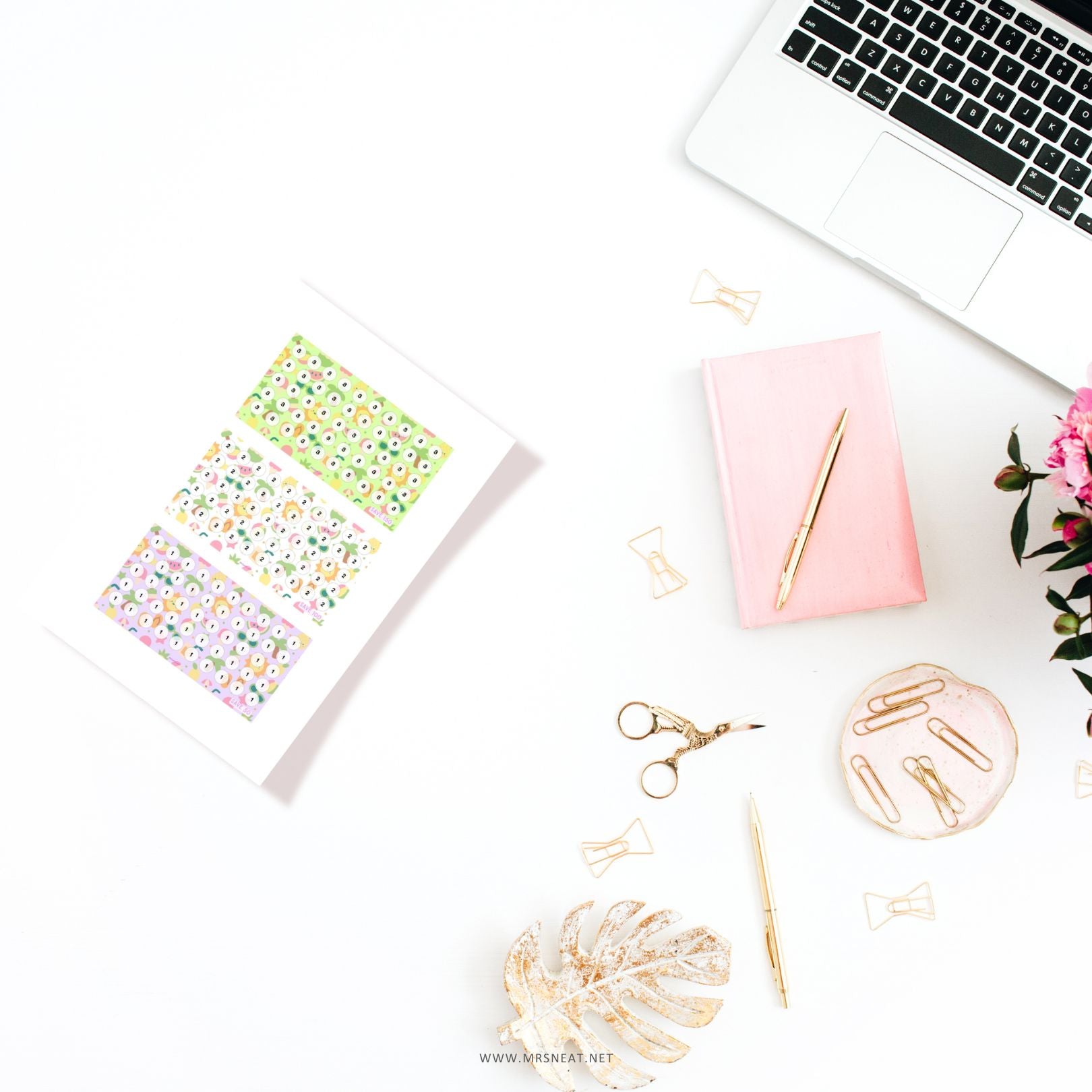 Desk setup with laptop, stationery items, and 3 challenges Summer Savings Challenge Fruit Theme for Low Budget Income in A4 size