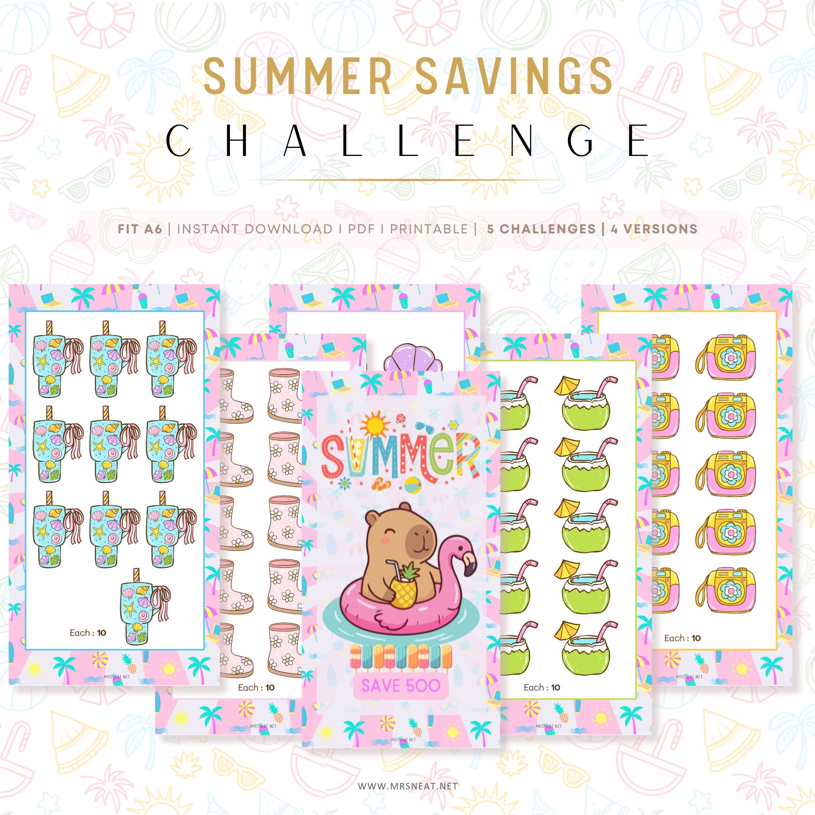 Summer Savings Challenge with colorful designs and text on a white background