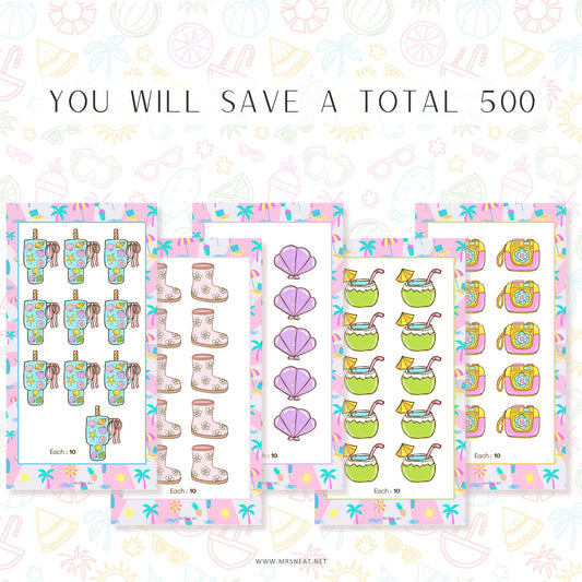 Educational game cards with colorful illustrations on a patterned background