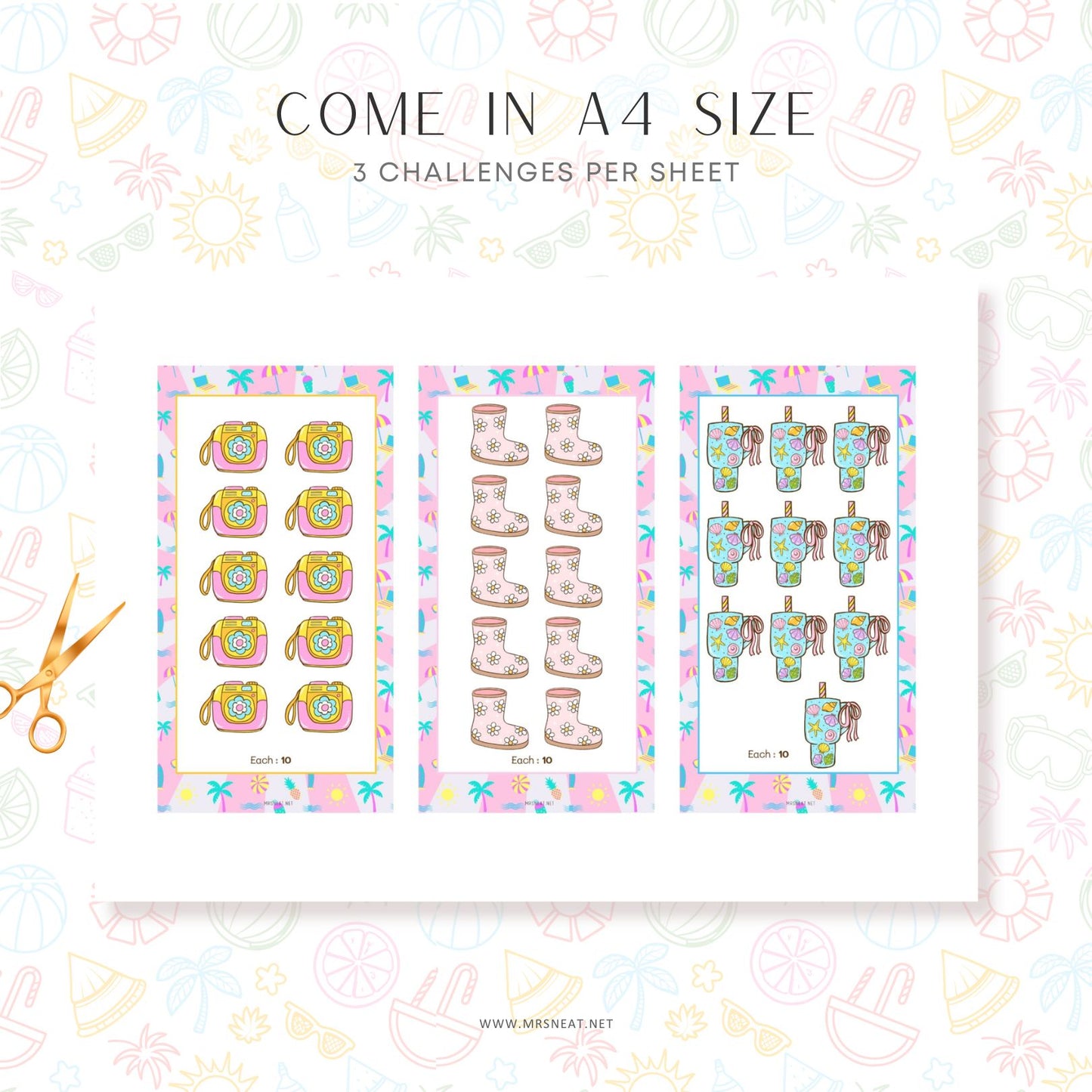 Sheet of stickers with various designs on a decorative background with scissors.