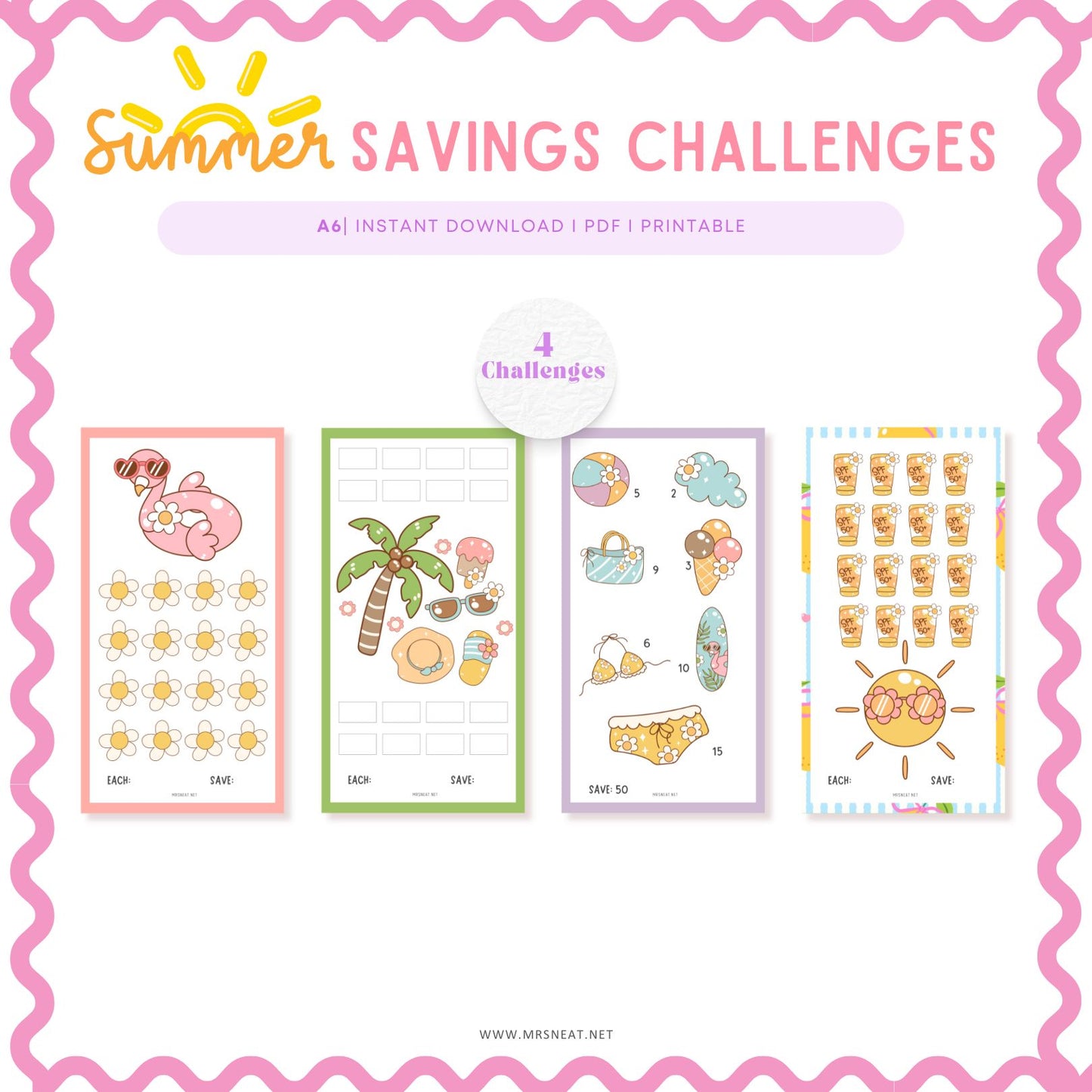 These set of four Tiny Savings Challenge A6-sized inserts fit perfectly in your binder system, making them ideal for organizing your cash stuffing envelopes and tracking your weekly or monthly savings journey.