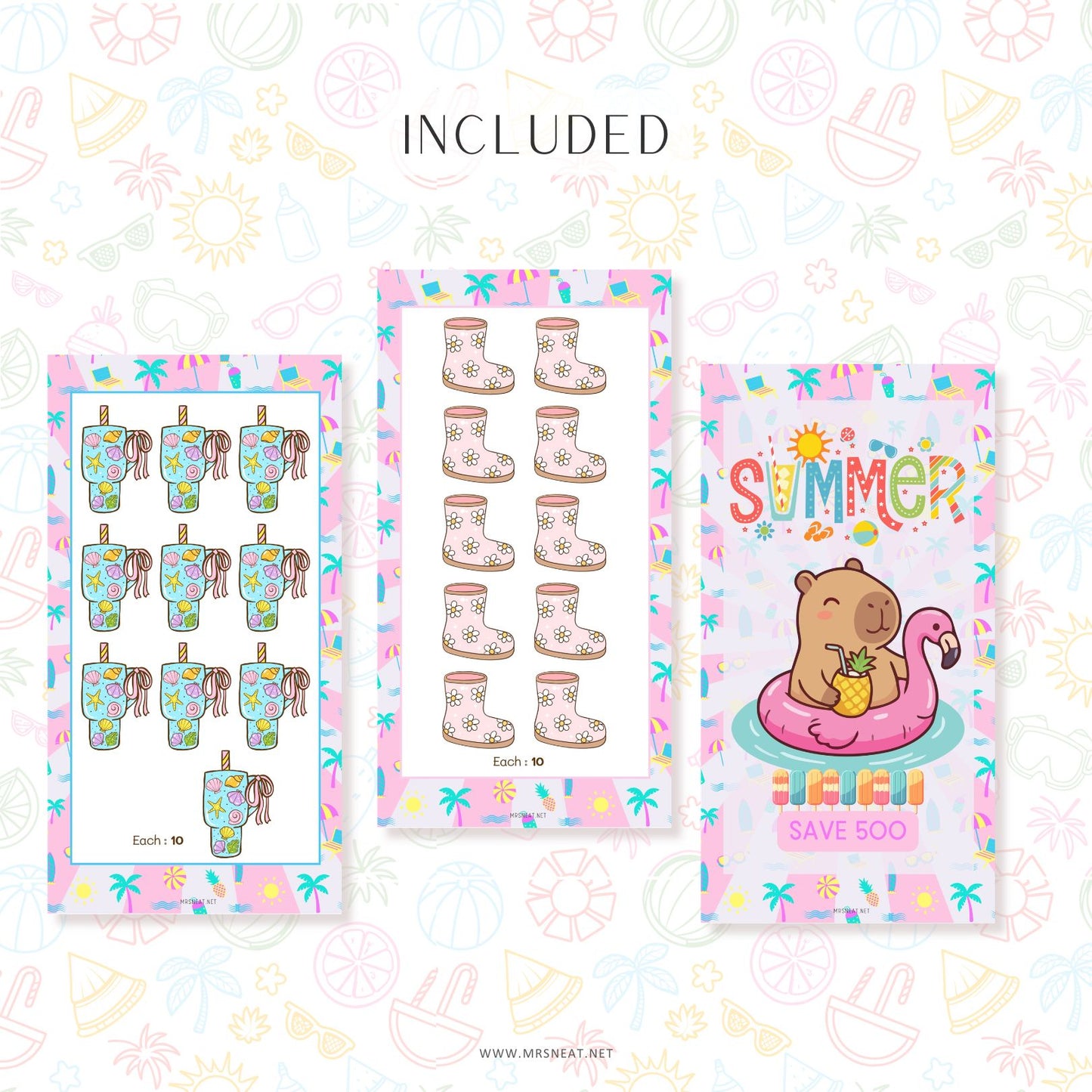 Three colorful cards with summer-themed designs on a patterned background