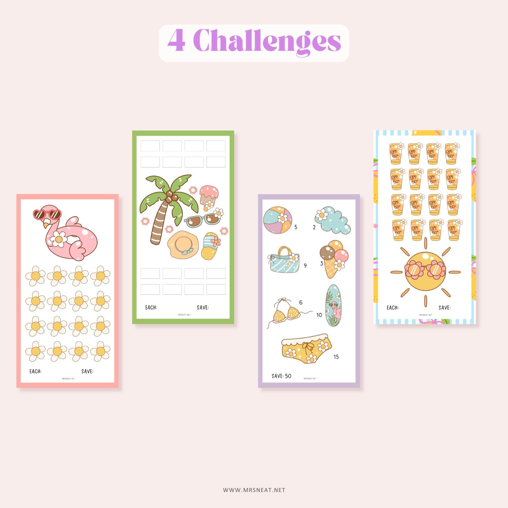These set of four Beautiful vibrant color Mini Savings Challenge A6-sized inserts fit perfectly in your binder system, making them ideal for organizing your cash stuffing envelopes and tracking your weekly or monthly savings journey.