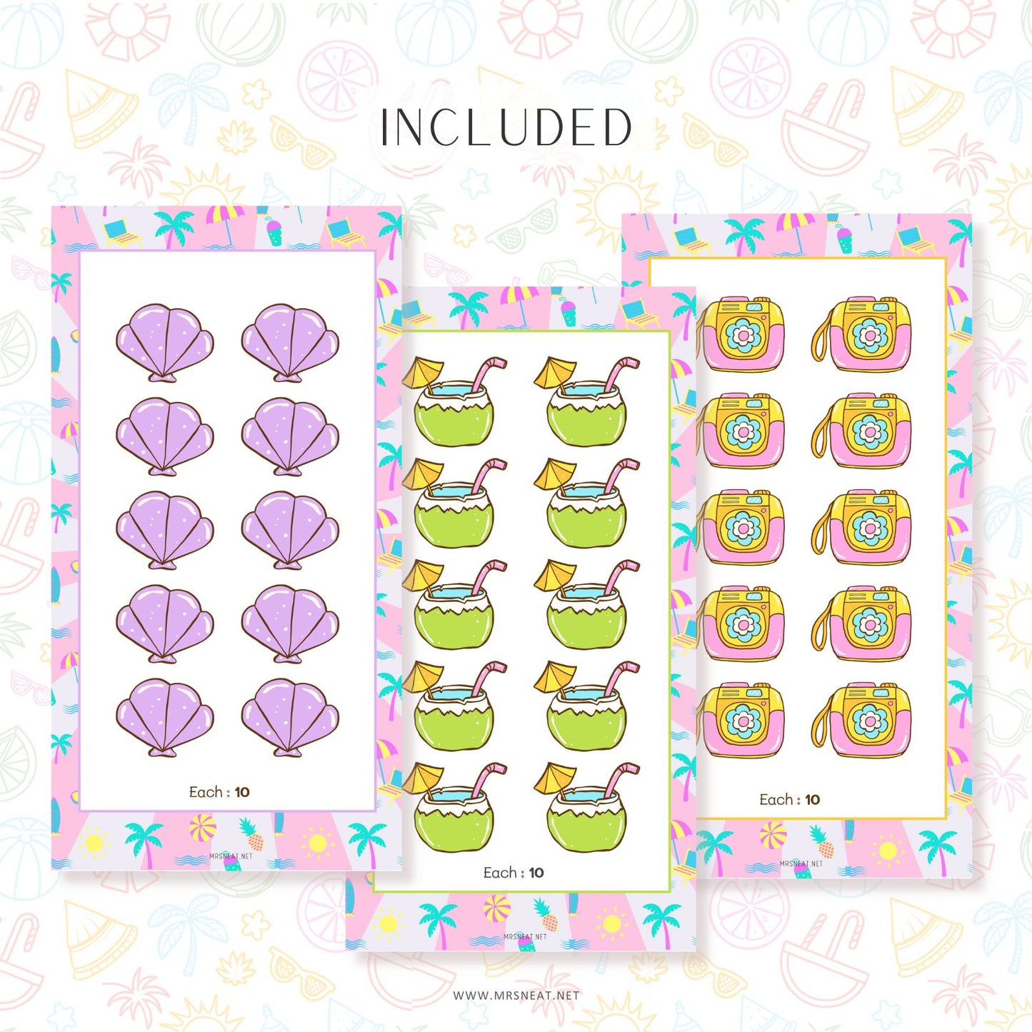 Set of colorful planner stickers with shell, drink, and bag designs on a decorative background.
